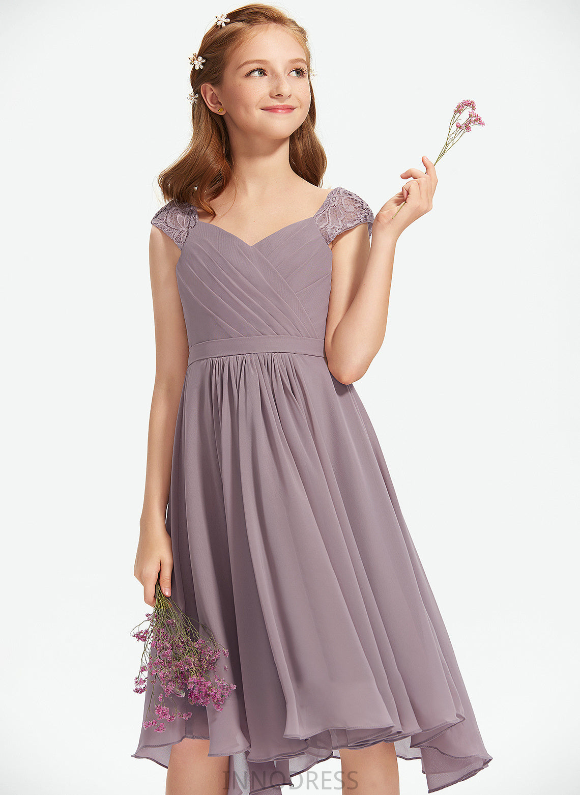 Lynn Lace Chiffon Knee-Length Junior Bridesmaid Dresses A-Line With Ruffle V-neck