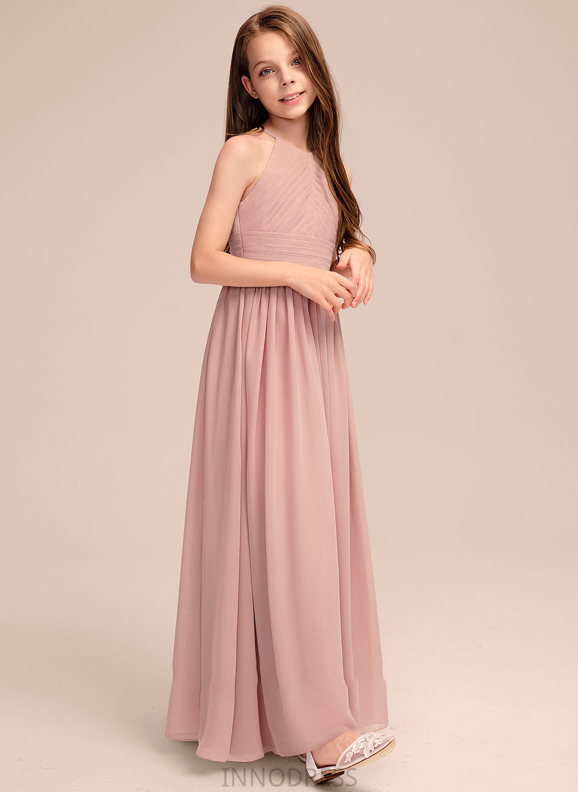 With Neck Junior Bridesmaid Dresses Ruffle Scoop Floor-Length A-Line Raven Chiffon