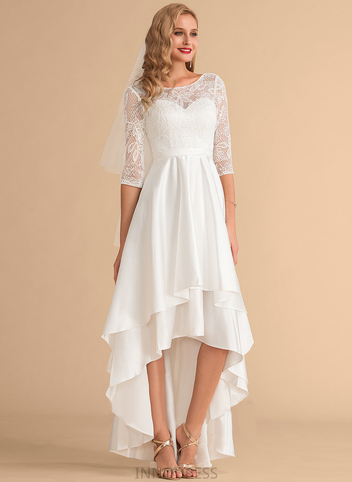 Joanna Wedding Scoop Asymmetrical Dress Satin Lace Wedding Dresses A-Line