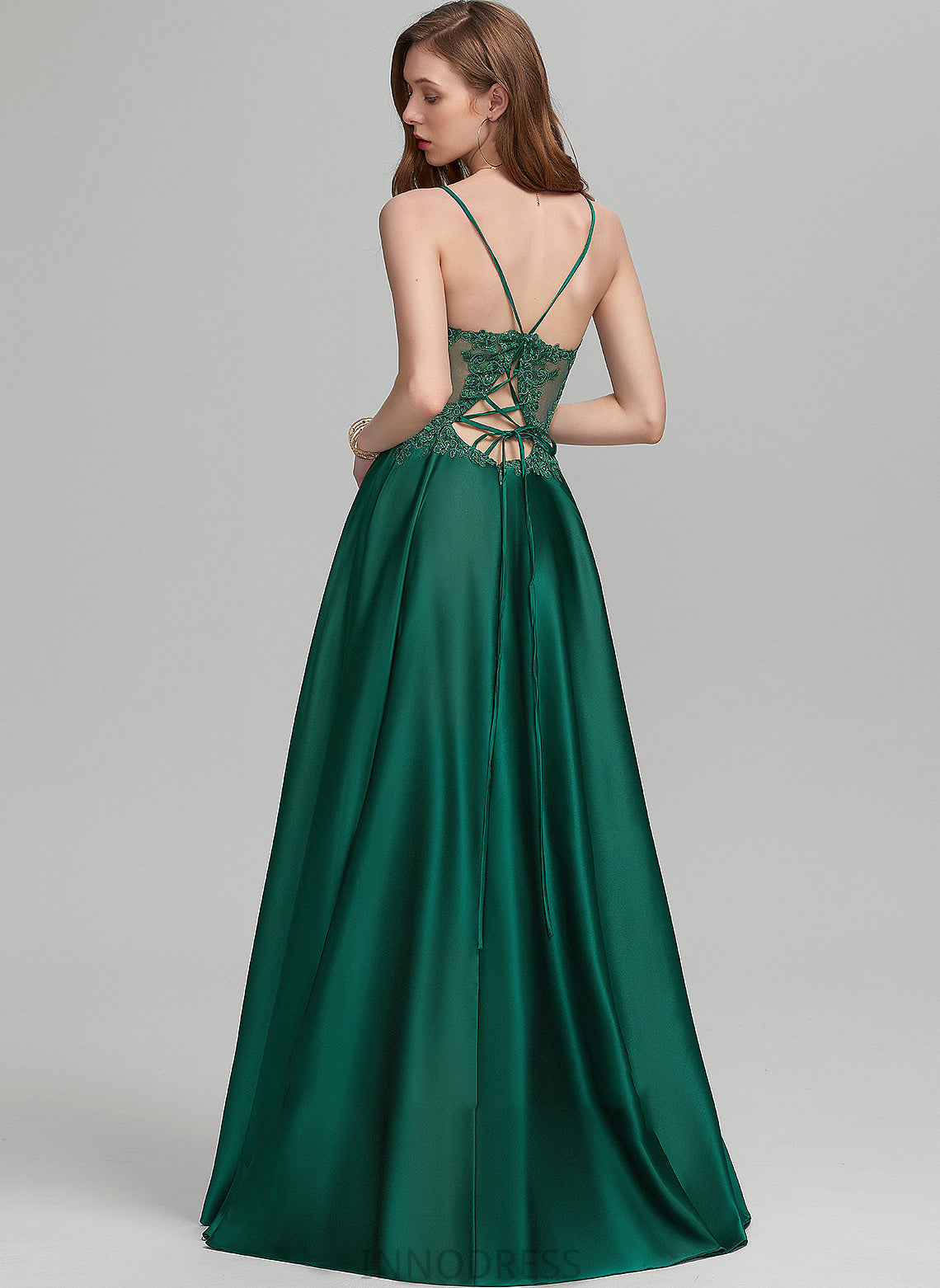 Floor-Length V-neck Split Satin Quinn With A-Line Front Prom Dresses