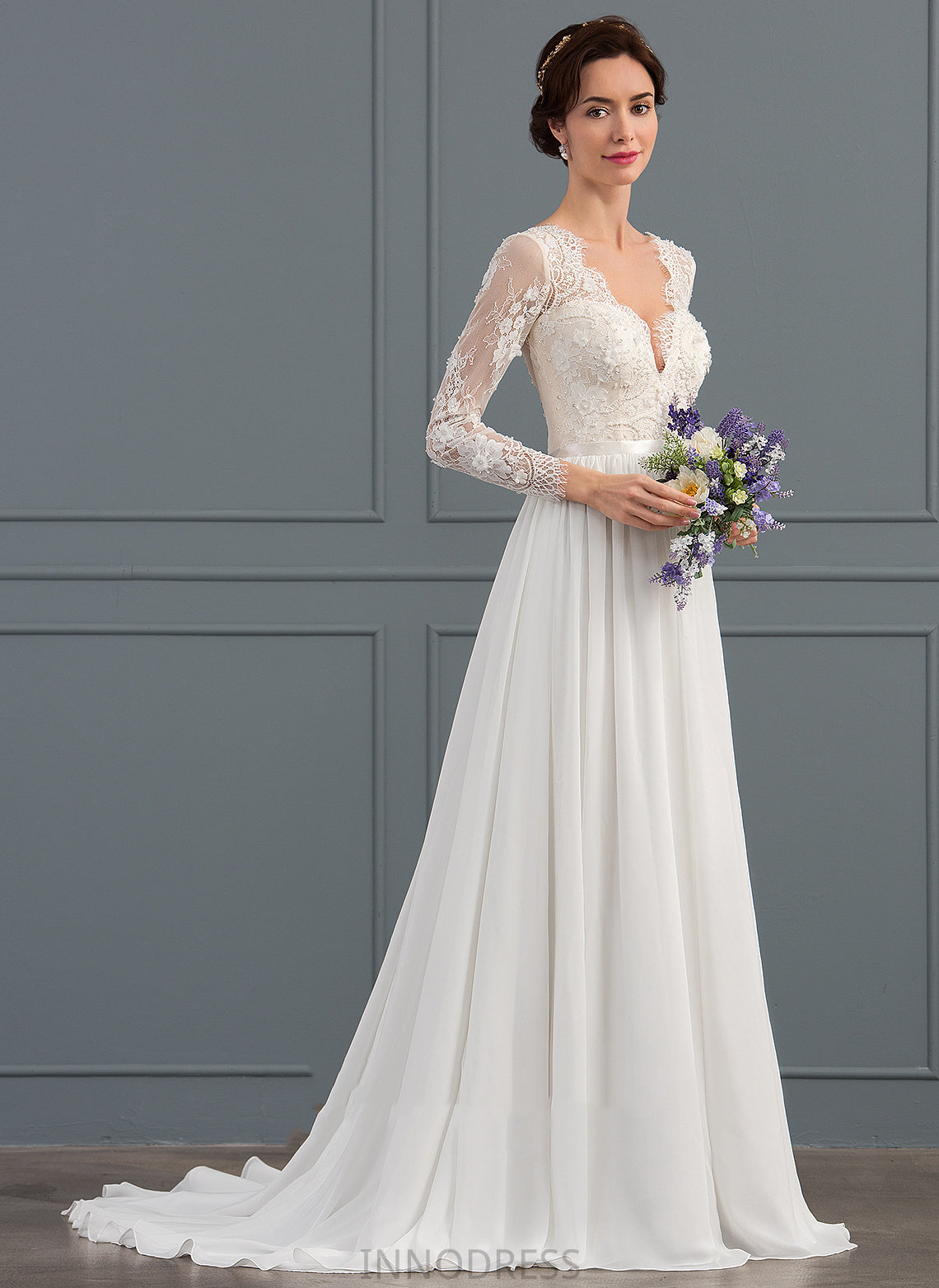 Train With Wedding Dresses Beading Sweep Kailyn Sequins Chiffon A-Line V-neck Wedding Dress Lace