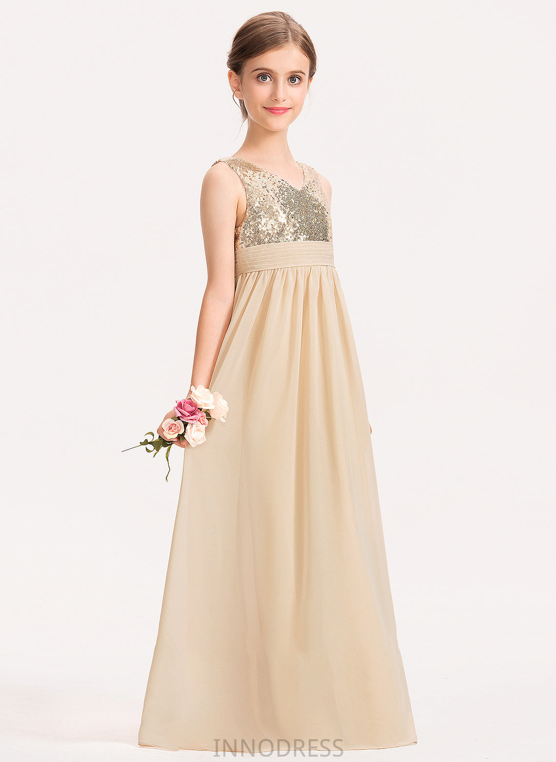 Chiffon Junior Bridesmaid Dresses A-Line V-neck With Shirley Ruffle Sequined Floor-Length