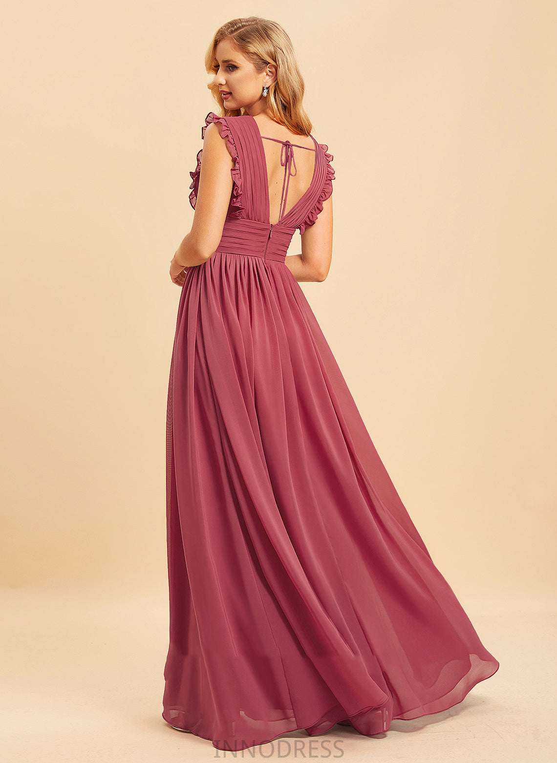 A-Line Neckline Fabric Ruffle Silhouette Floor-Length Length V-neck Embellishment SplitFront Marissa A-Line/Princess Bridesmaid Dresses