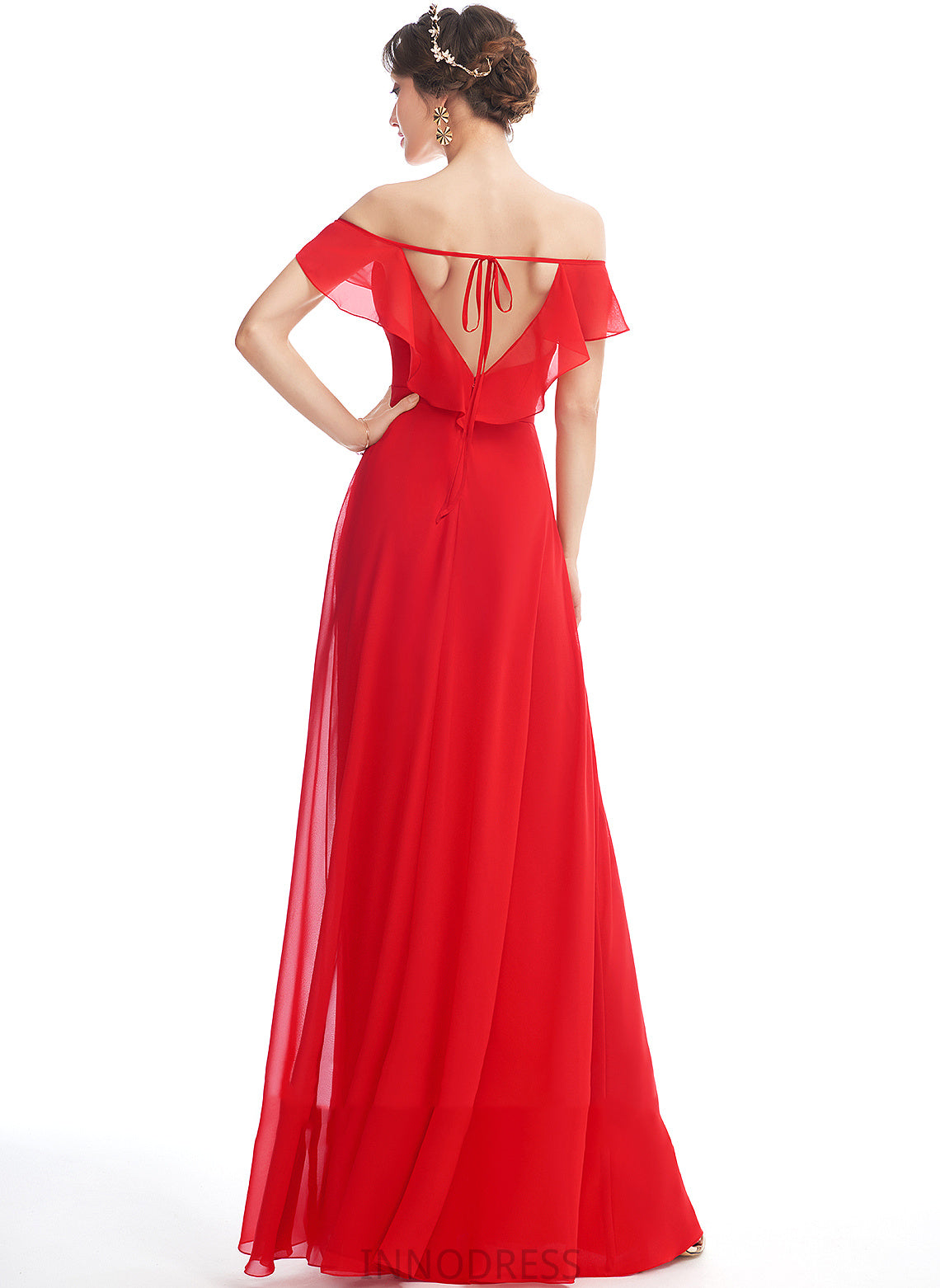 SplitFront Off-the-Shoulder Embellishment Length A-Line Silhouette Fabric Neckline Ruffle Floor-Length Catherine Sheath/Column Bridesmaid Dresses