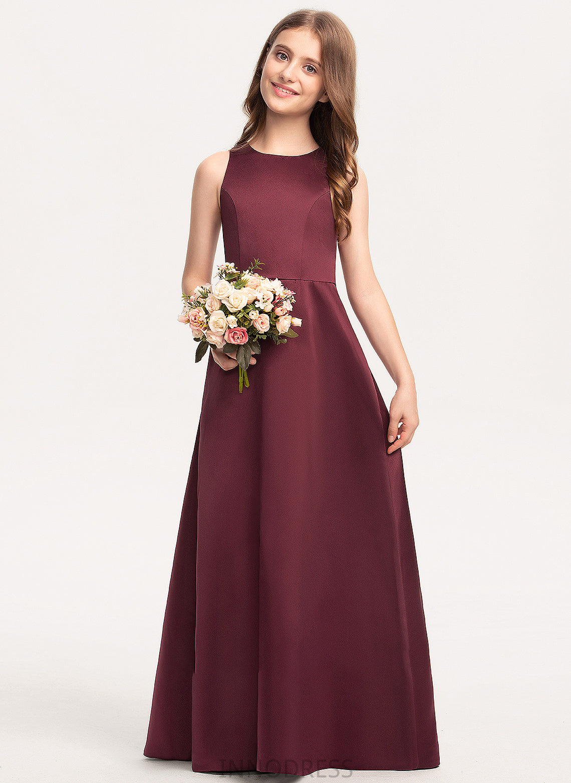 Scoop Floor-Length Neck Jaycee A-Line Satin Junior Bridesmaid Dresses