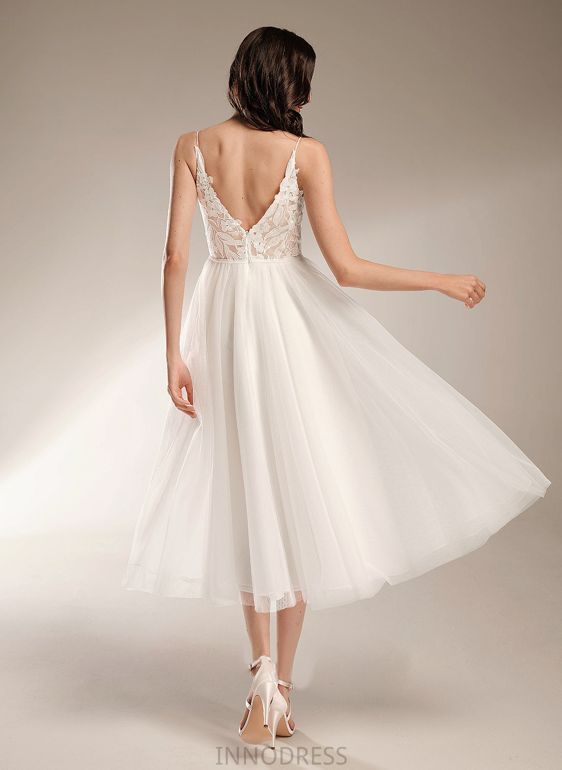 A-Line Dress Ryann V-neck Tea-Length Lace Tulle Wedding Wedding Dresses