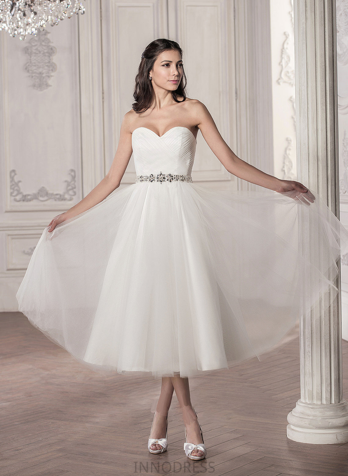 Ruffle Wedding Dresses With Wedding Sequins Sweetheart Beading Tea-Length A-Line Tulle Dress Serena