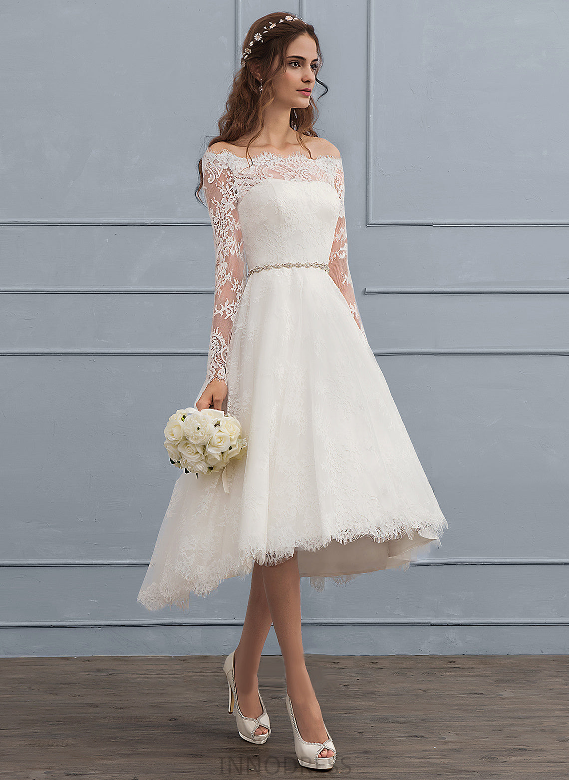 Jenna Wedding Dresses Off-the-Shoulder With Lace A-Line Dress Beading Asymmetrical Wedding