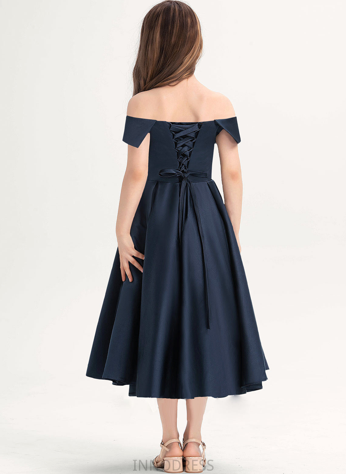 Jazlene Tea-Length Ruffle Junior Bridesmaid Dresses Satin A-Line With Off-the-Shoulder Pockets