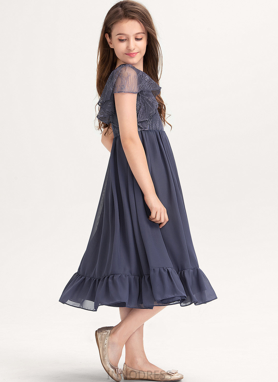 Lace Junior Bridesmaid Dresses With Scoop Cascading Denise Neck Knee-Length A-Line Ruffles Chiffon