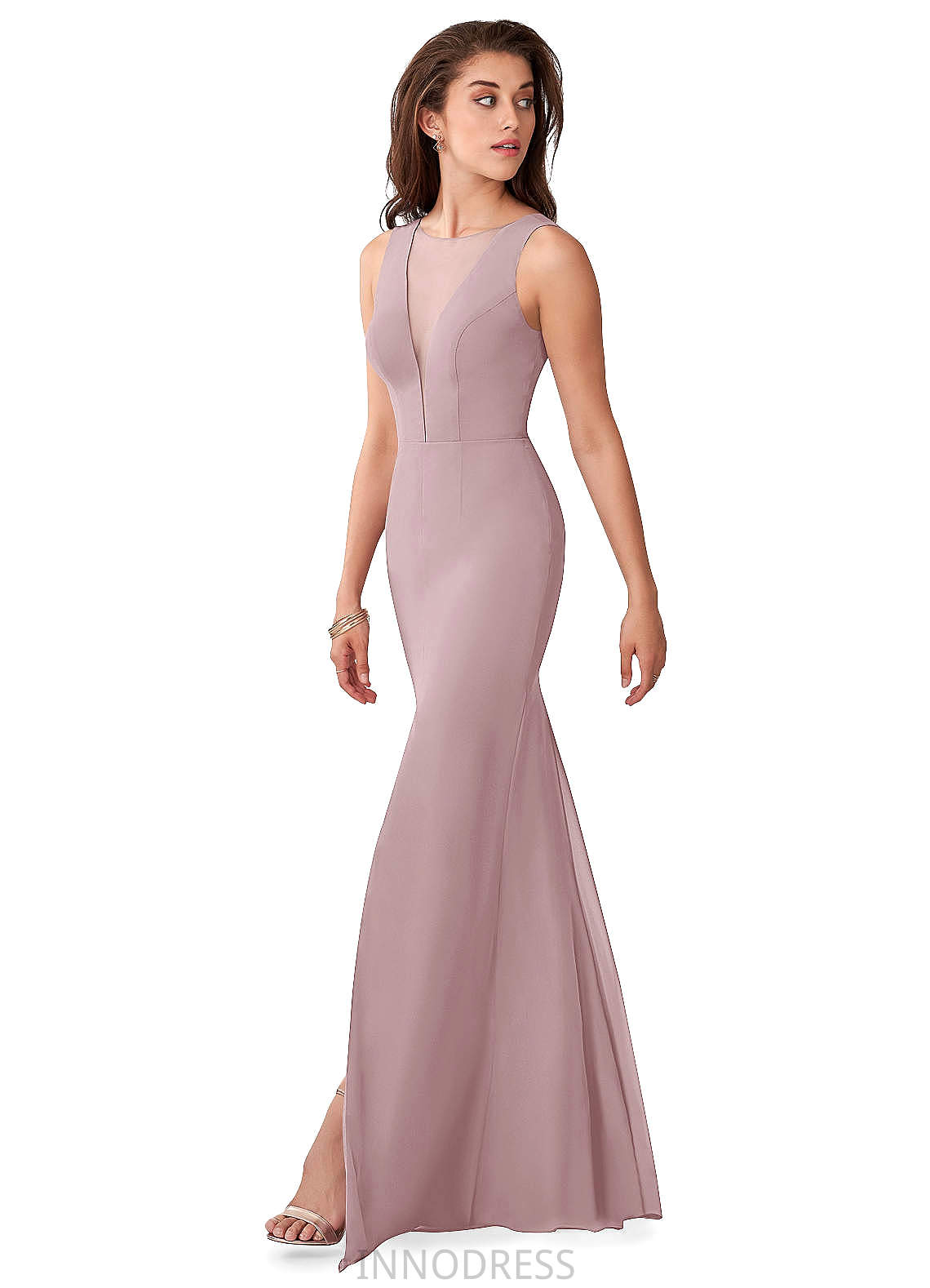 Gloria Floor Length Natural Waist Sleeveless Satin Sheath/Column V-Neck Bridesmaid Dresses