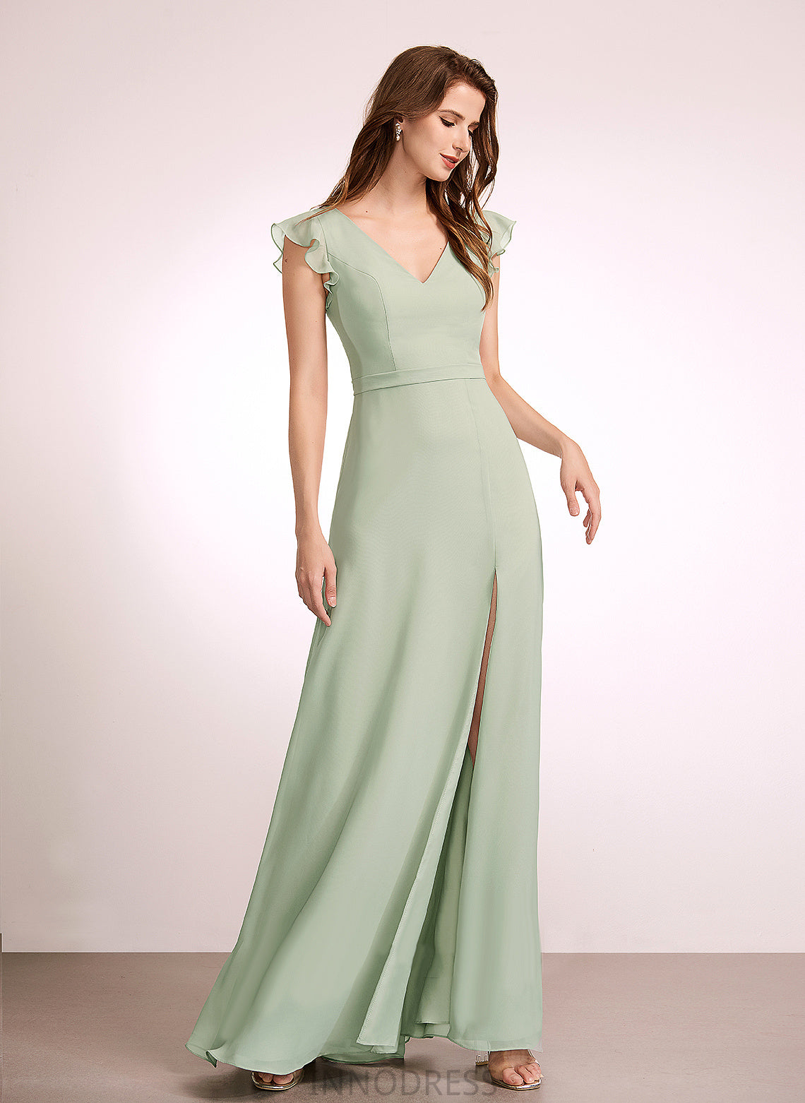 Silhouette Embellishment SplitFront Neckline V-neck Length Fabric Floor-Length A-Line Aylin Natural Waist V-Neck Bridesmaid Dresses