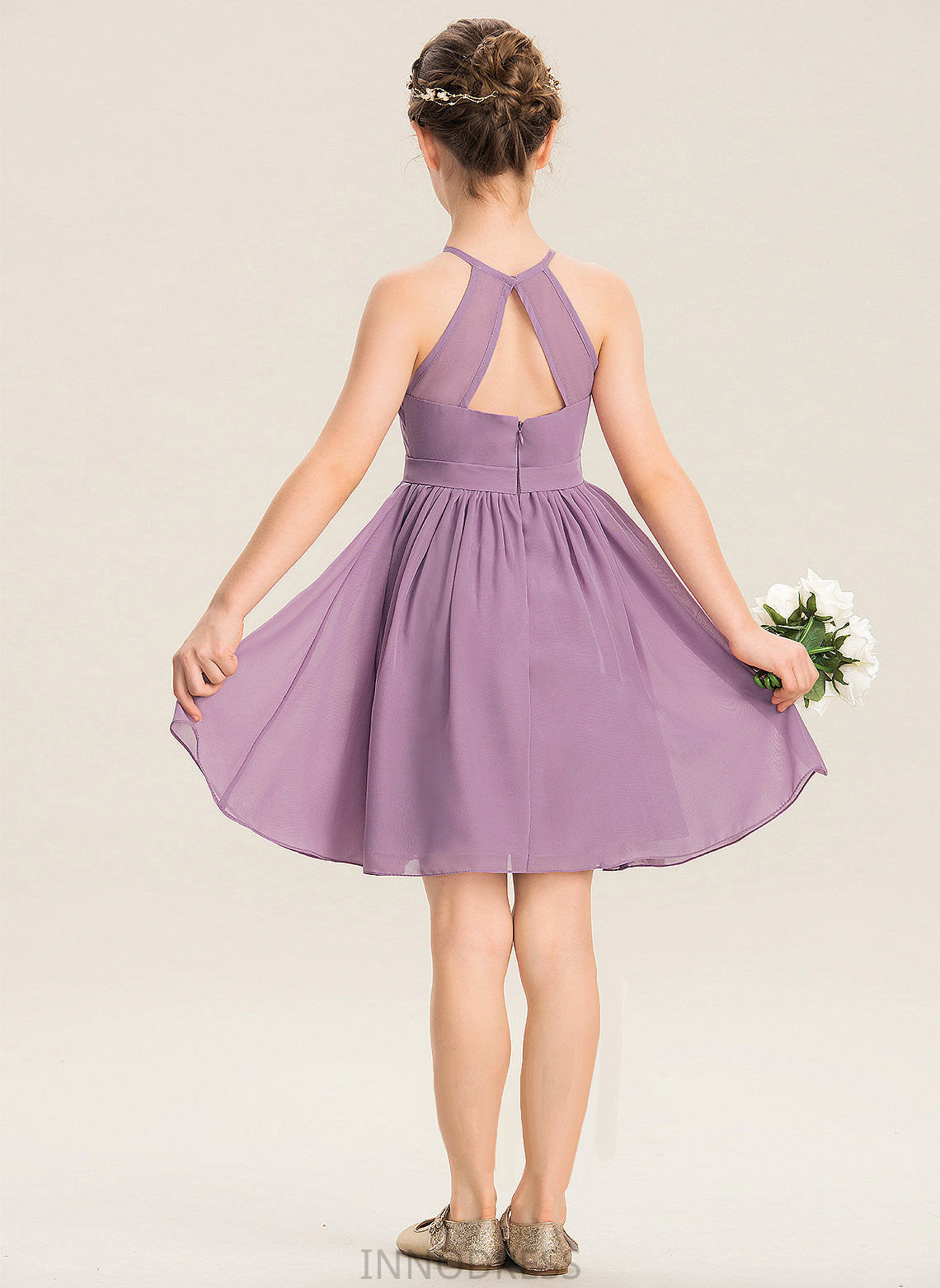 Scoop Annika A-Line Ruffle Neck Beading Junior Bridesmaid Dresses With Chiffon Knee-Length