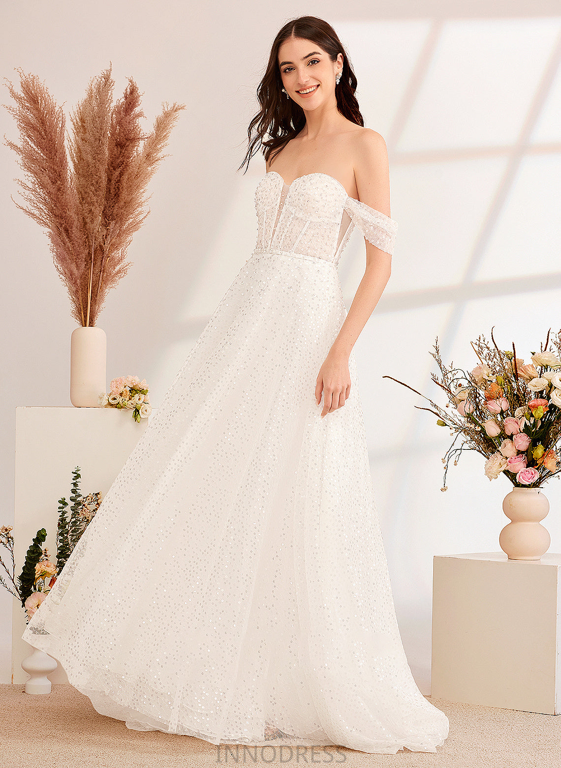 Clara A-Line Sequins Wedding Dresses Wedding Off-the-Shoulder Sweep Train With Dress