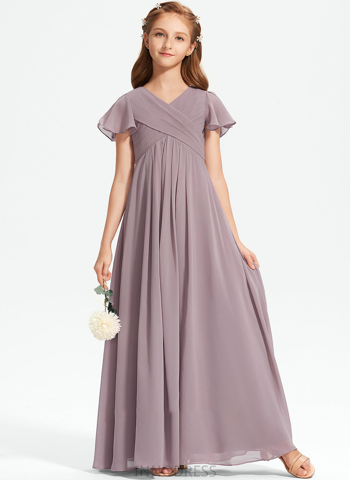 A-Line Floor-Length Chiffon With Bianca Ruffle V-neck Junior Bridesmaid Dresses