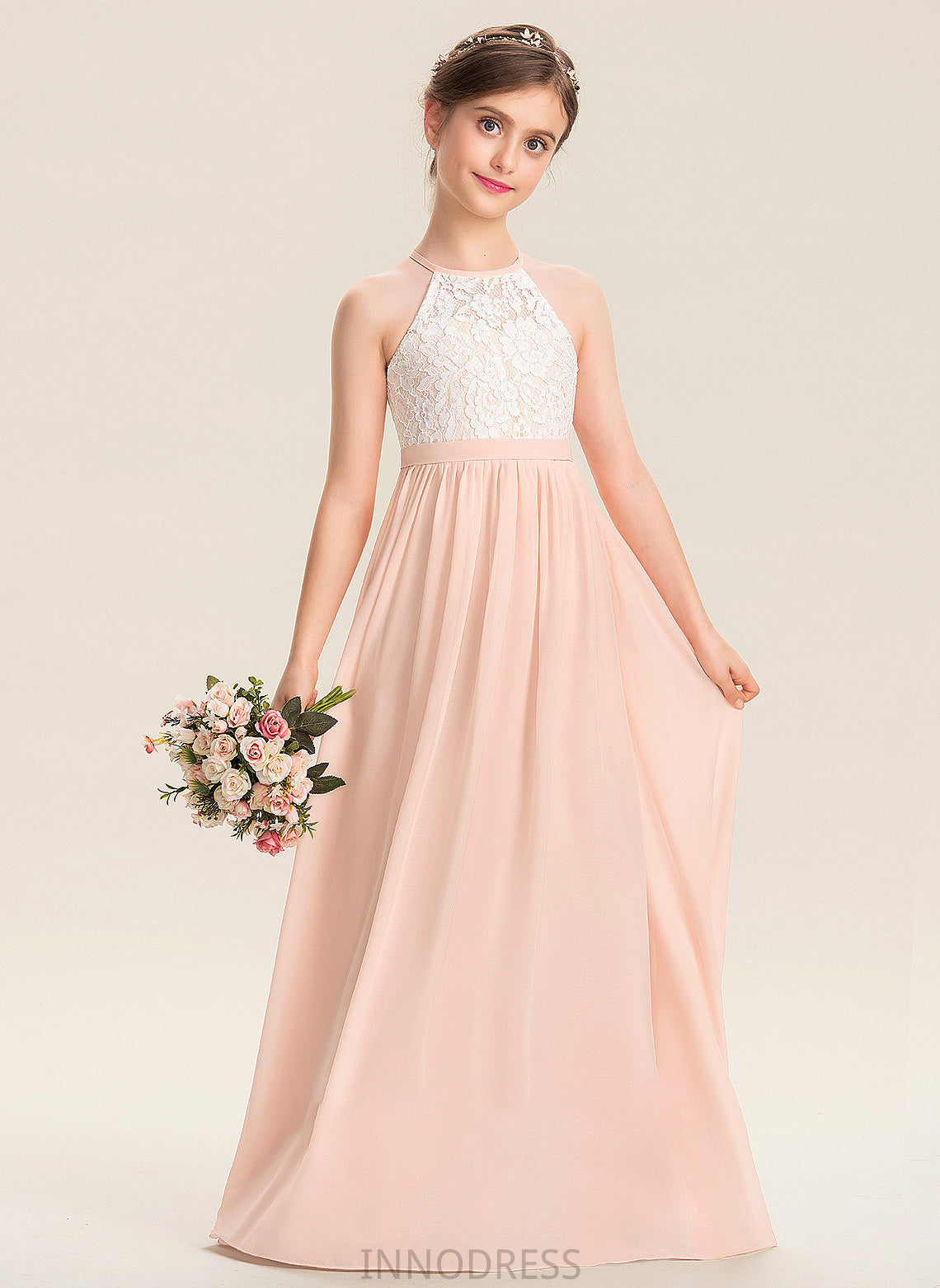 Scoop Floor-Length Neck Chiffon Lace Eve Junior Bridesmaid Dresses A-Line