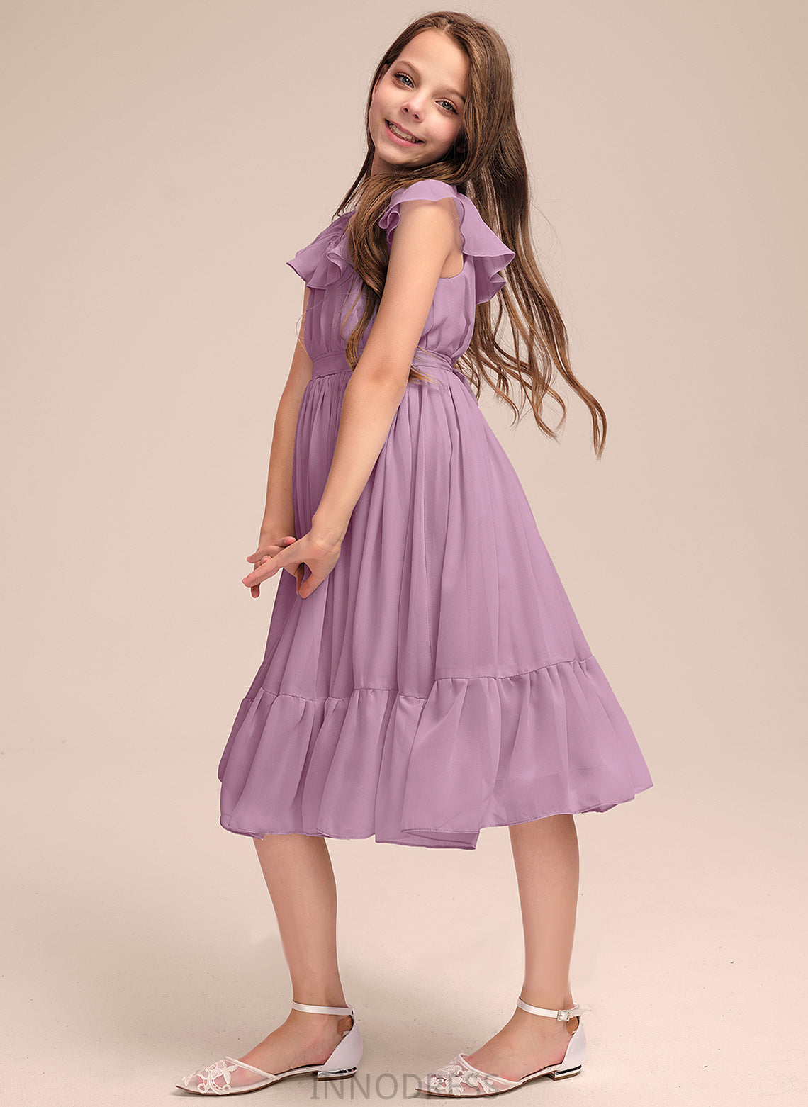 Bow(s) A-Line Ruffles Chiffon Cascading Knee-Length Xiomara Scoop Neck With Junior Bridesmaid Dresses