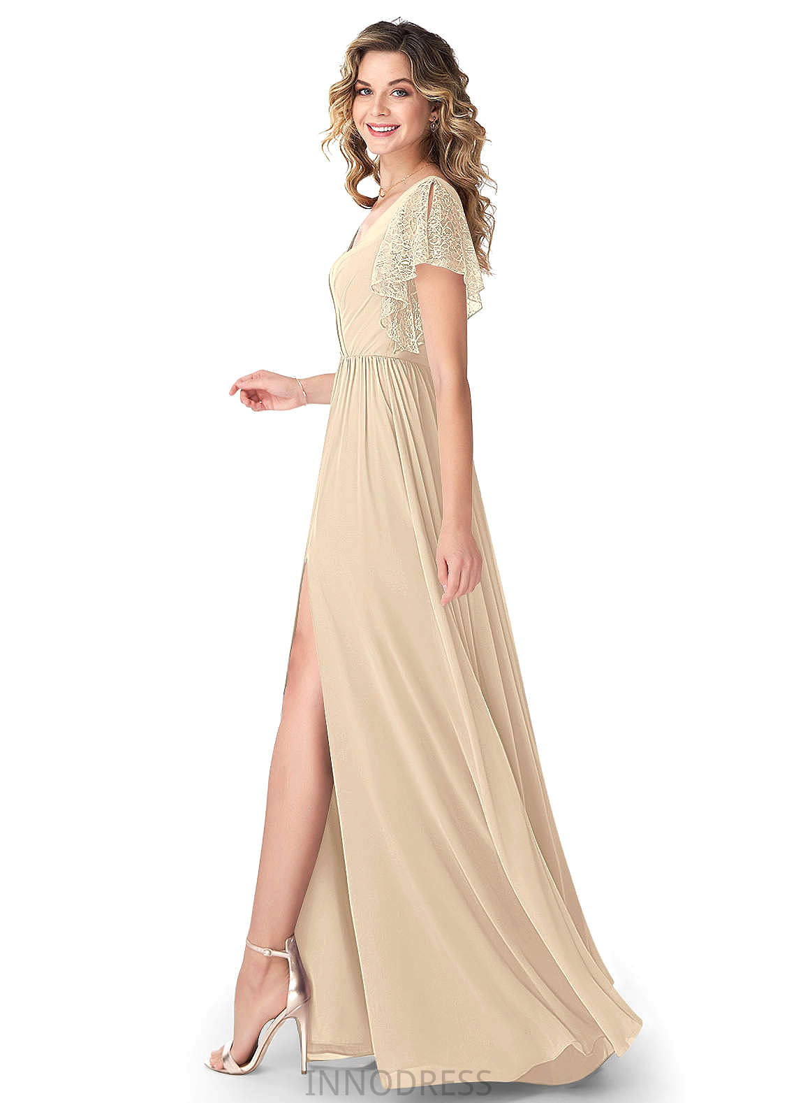 Mya Natural Waist V-Neck Sleeveless Floor Length A-Line/Princess Bridesmaid Dresses