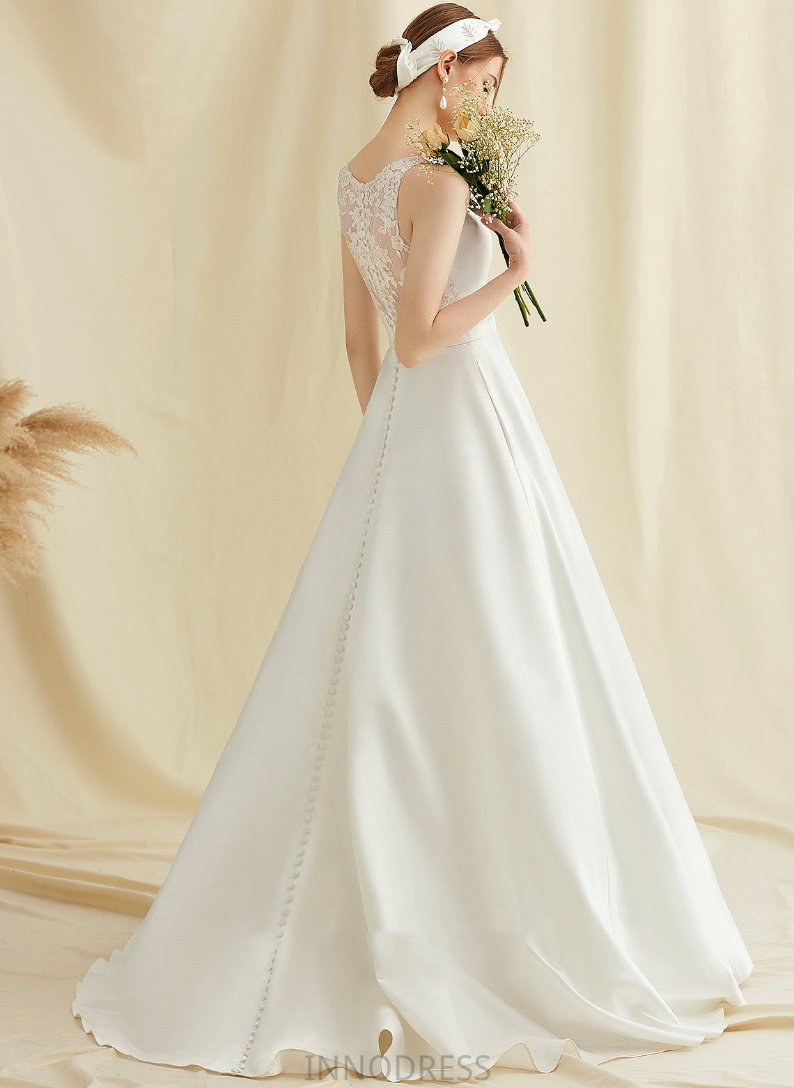 With Ball-Gown/Princess Lace Wedding V-neck Satin Train Sweep Dress Wedding Dresses Naomi Pockets