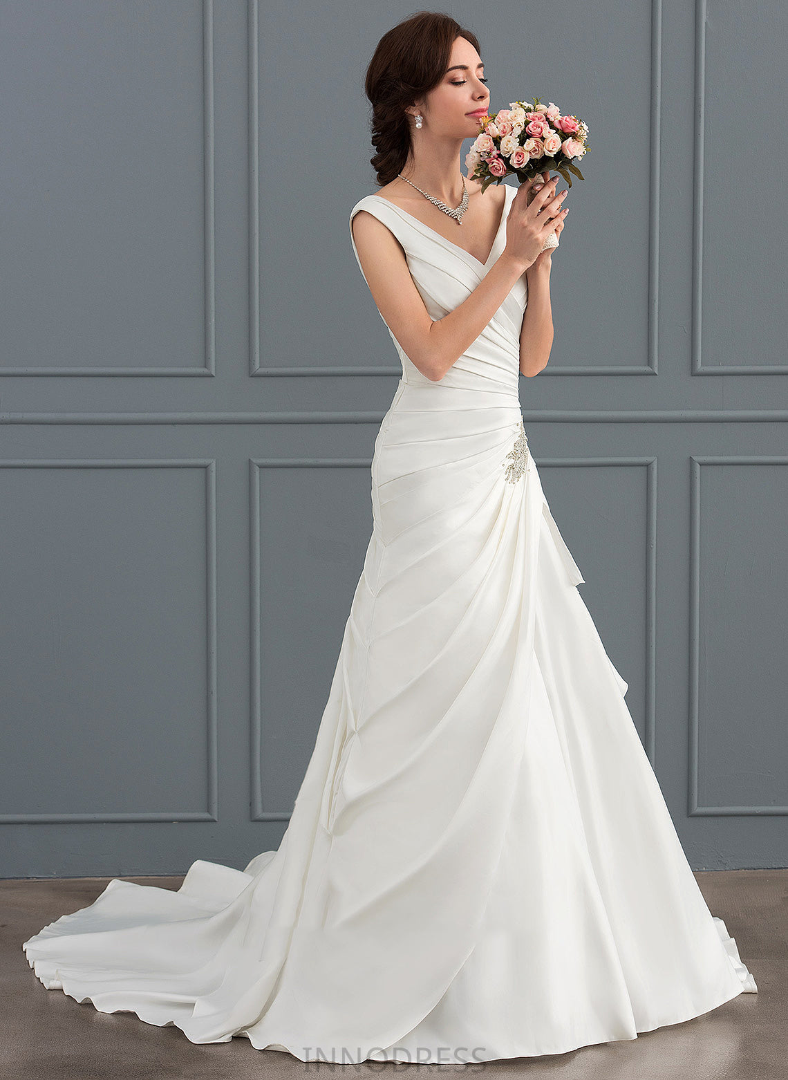 Wedding Wedding Dresses Satin Beading Mavis Dress V-neck Court Train With A-Line