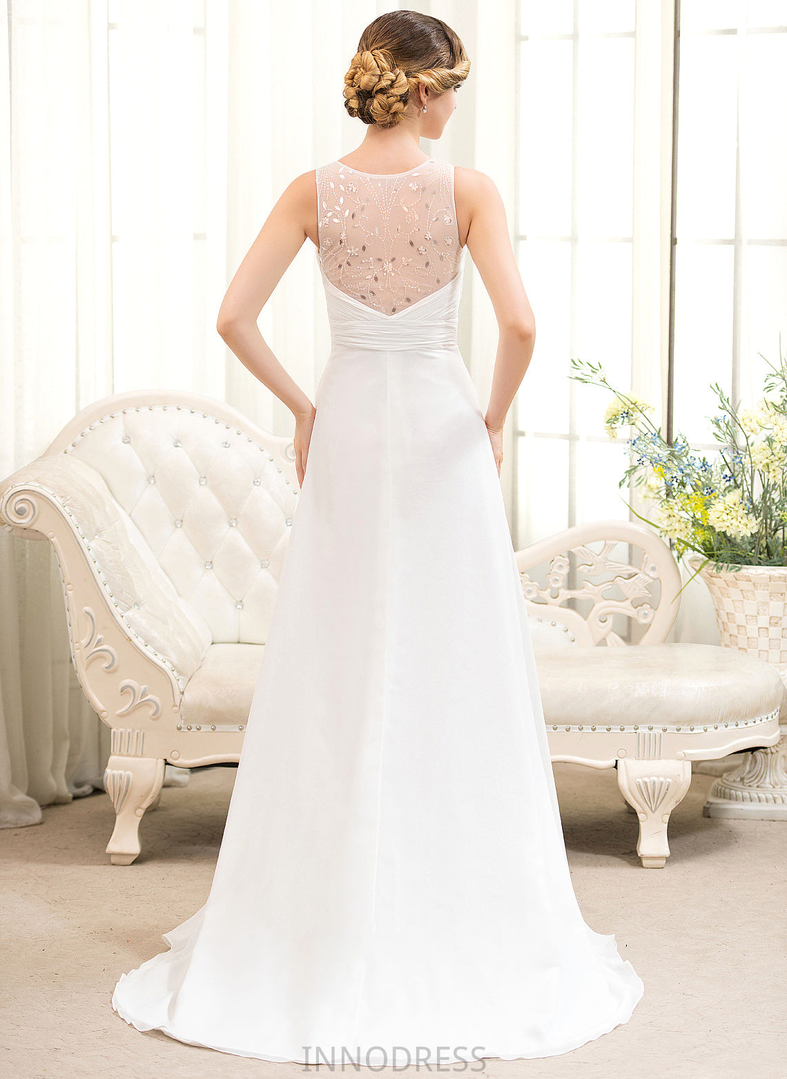 Sweep Chiffon Beading V-neck Wedding Dresses Train Cascading A-Line With Ruffles Dress Wedding Sequins Azul