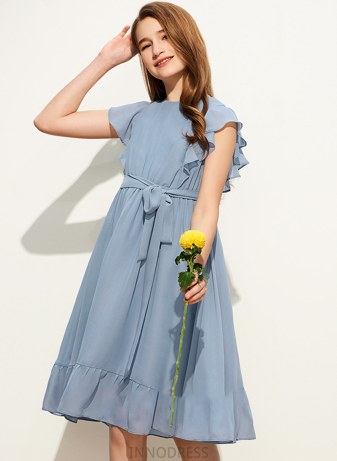 With Knee-Length Scoop Chiffon Cascading Bow(s) A-Line Yuliana Ruffles Neck Junior Bridesmaid Dresses