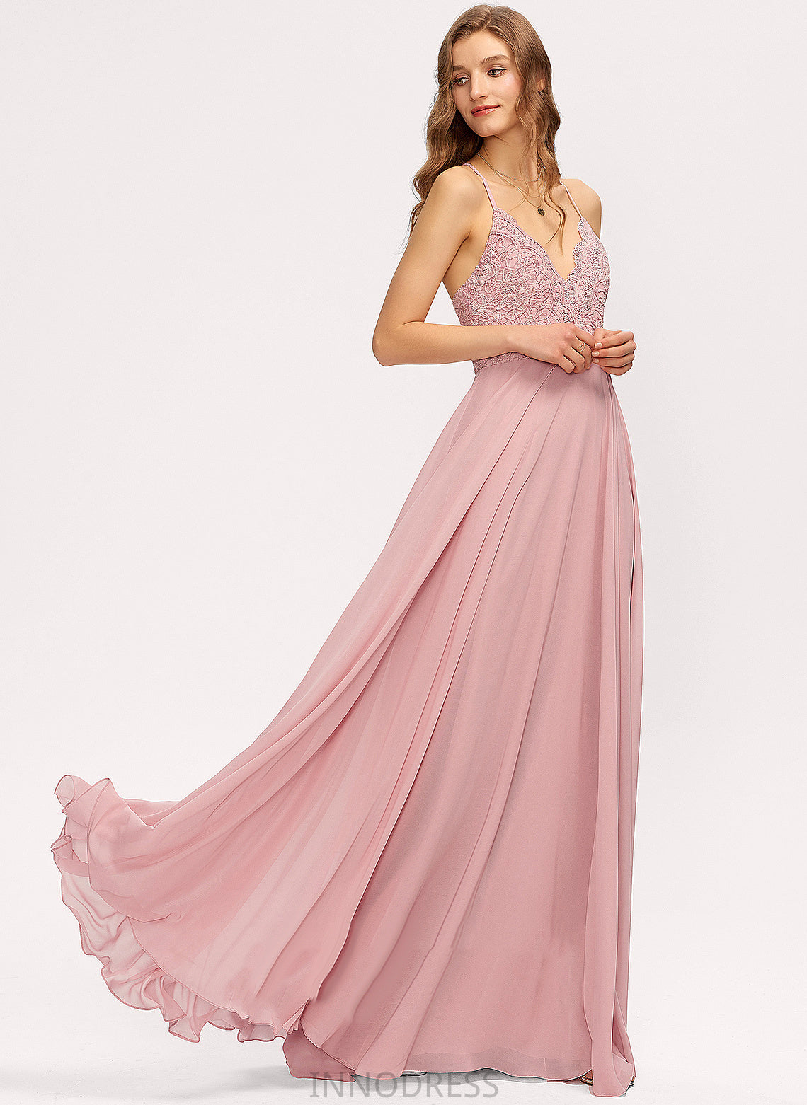 Floor-Length Neckline Straps Fabric A-Line Length Silhouette Lace V-neck Daisy A-Line/Princess Sleeveless Bridesmaid Dresses