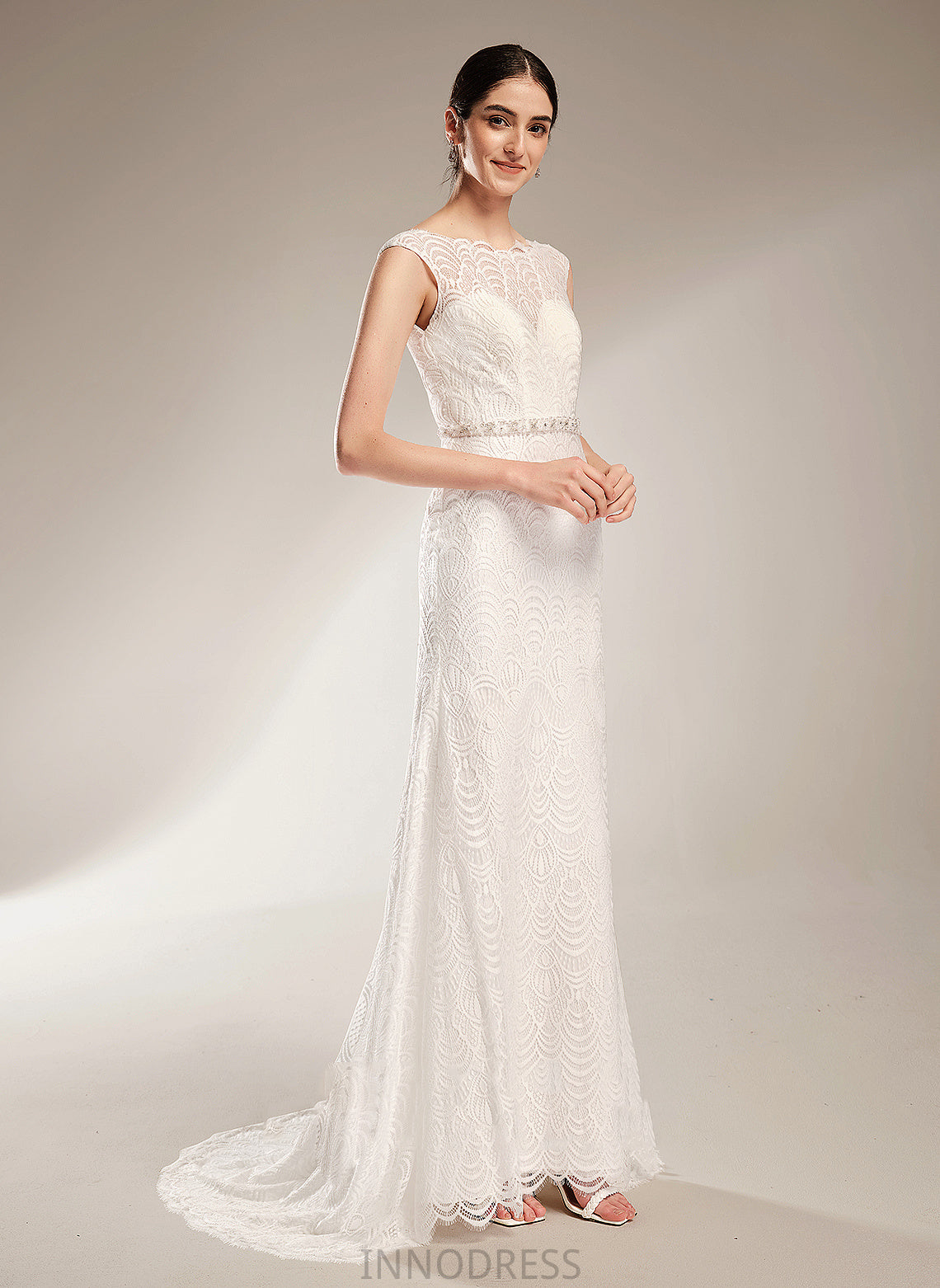 Court Train Neck Sheath/Column Sequins Dress Nola Wedding Dresses With Wedding Beading Lace Scoop