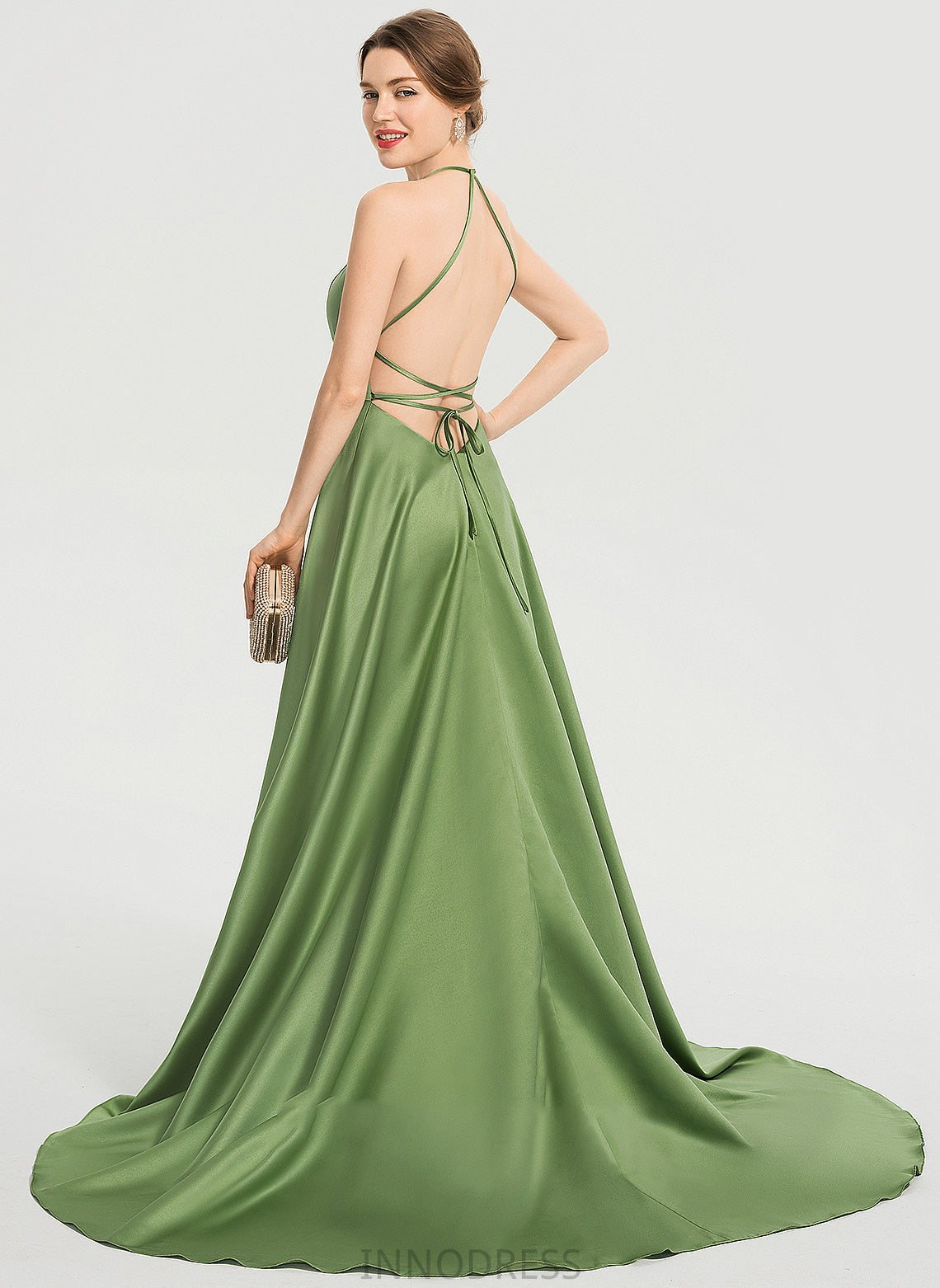 Scoop Lila Satin Split Prom Dresses Front A-Line With Sweep Neck Train