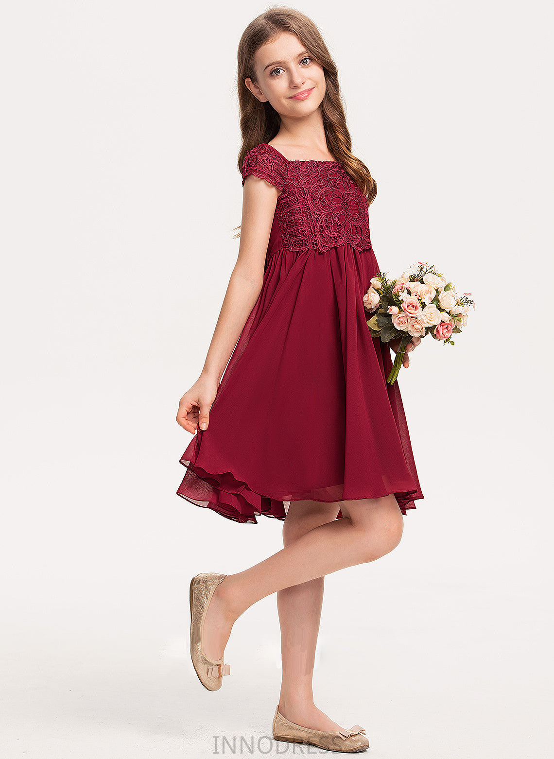 With Off-the-Shoulder Junior Bridesmaid Dresses Madalyn A-Line Chiffon Bow(s) Knee-Length Lace