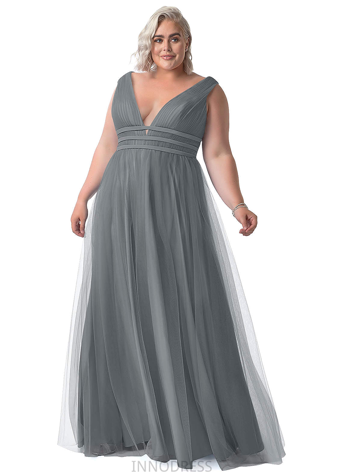 Mira V-Neck Natural Waist A-Line/Princess Satin Sleeveless Floor Length Bridesmaid Dresses