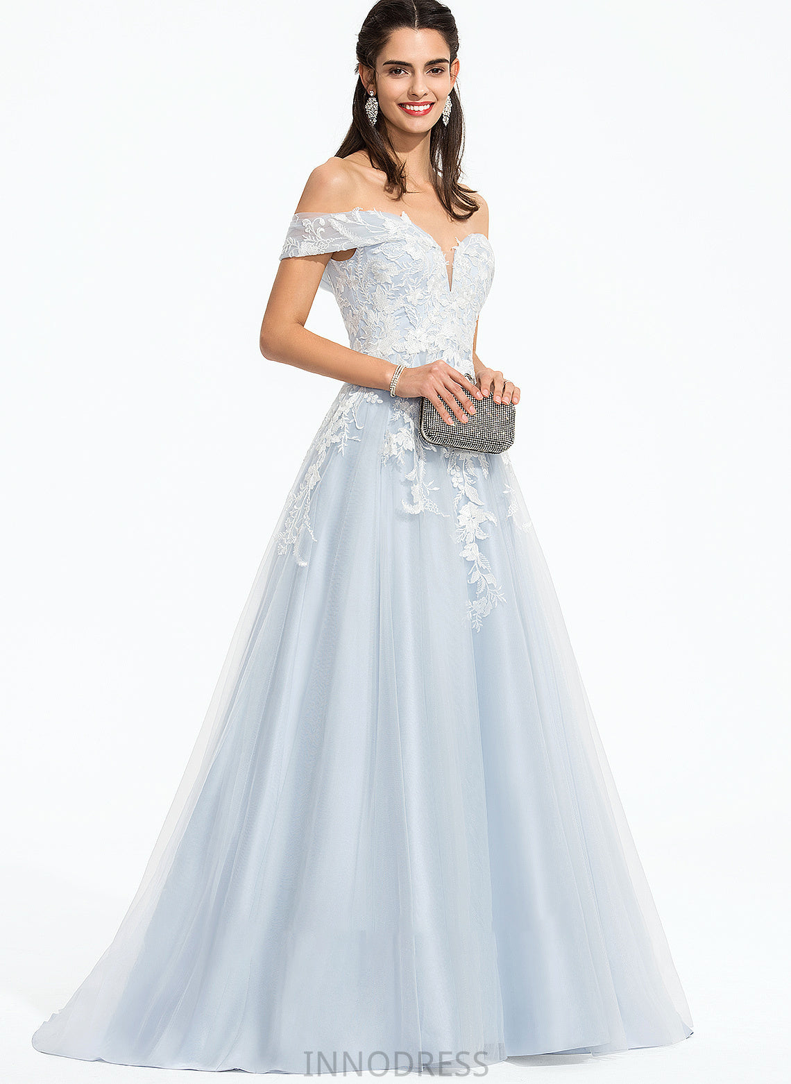 Off-the-Shoulder Sweep Prom Dresses With Sequins Train Ball-Gown/Princess Virginia Tulle