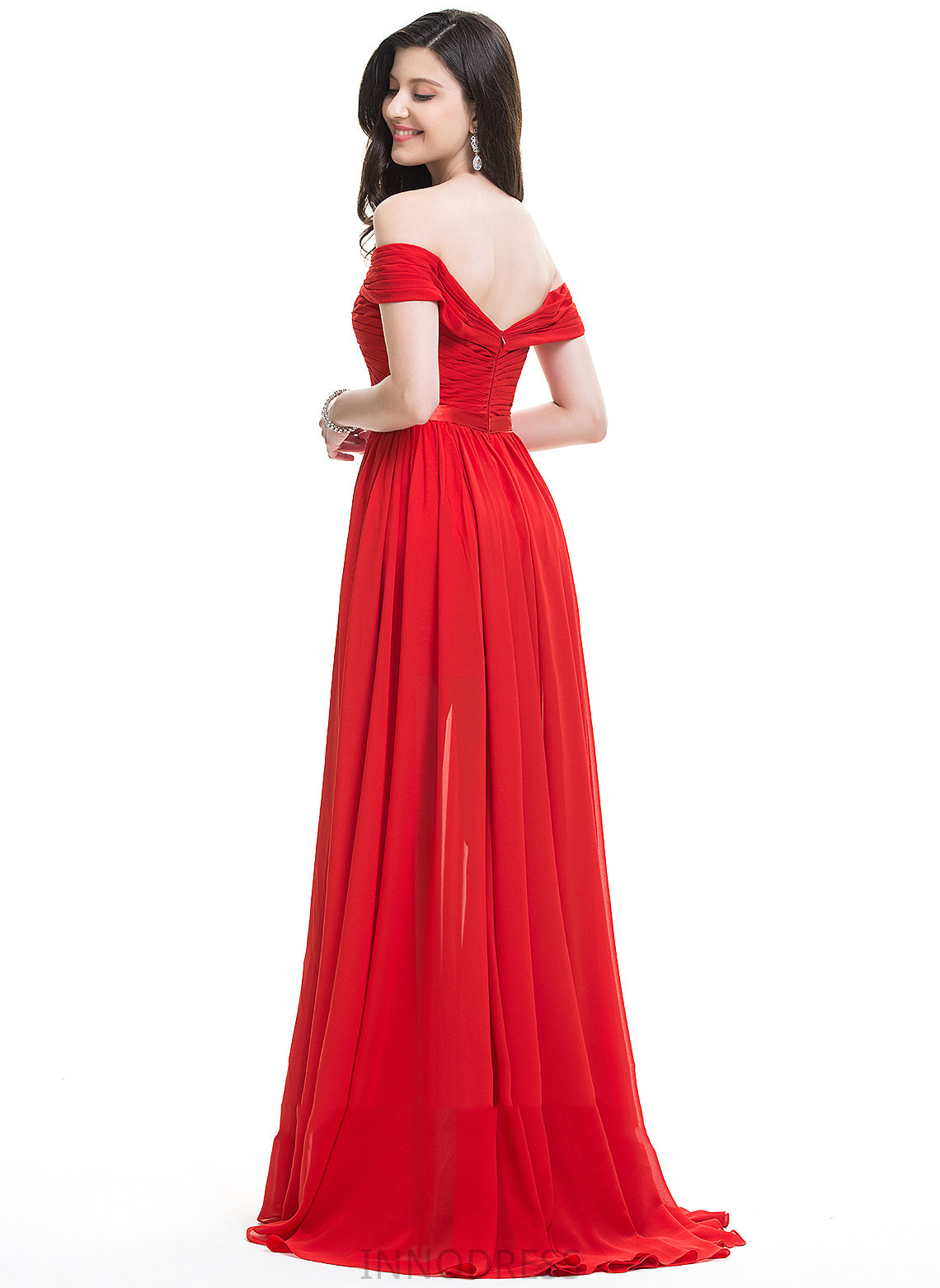 Ruffle Silhouette A-Line SweepTrain Fabric Length Embellishment Off-the-Shoulder Neckline Belen Sleeveless Floor Length Bridesmaid Dresses