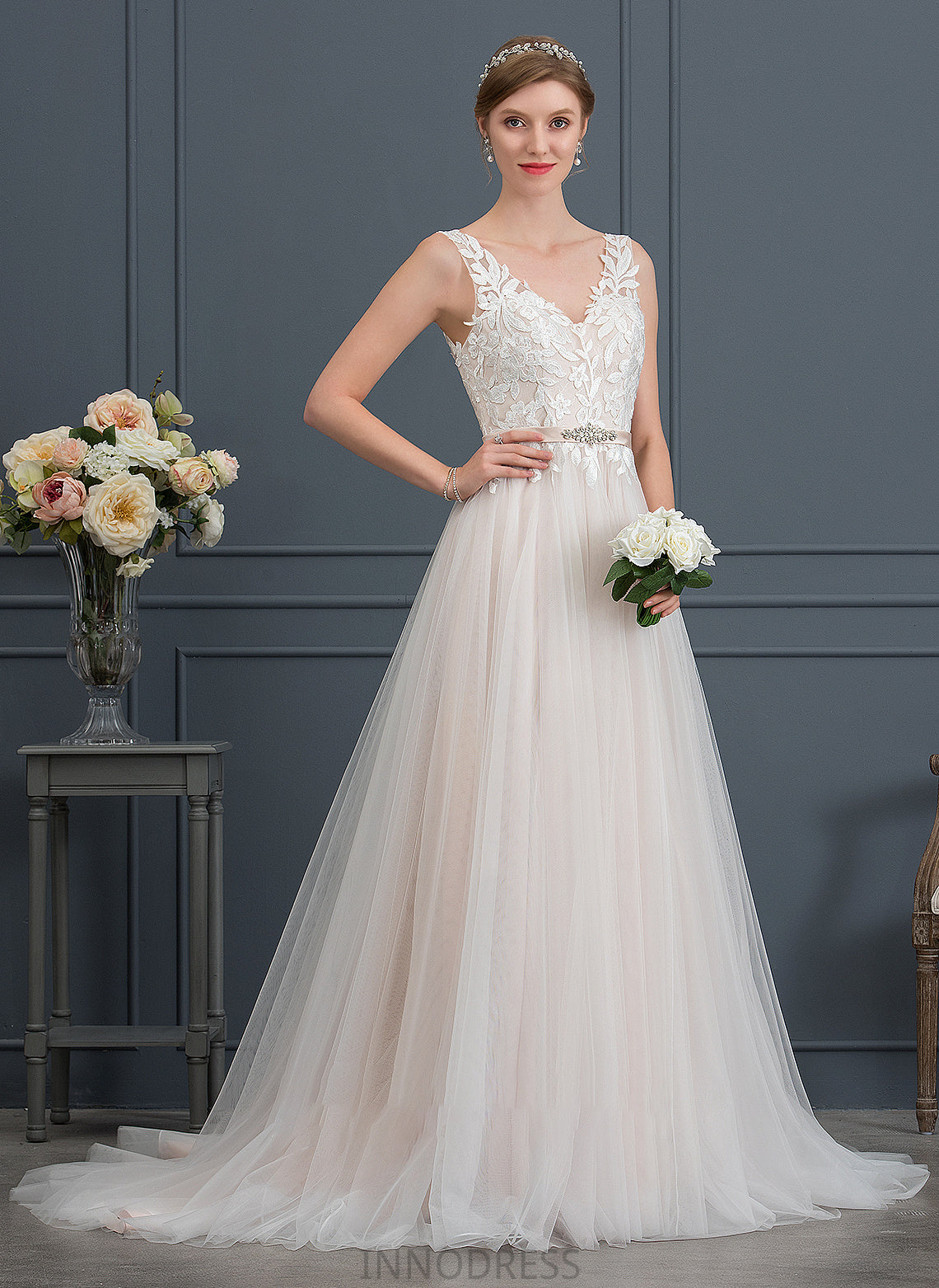 With Court A-Line Beading Train V-neck Dress Tulle Alia Wedding Dresses Wedding