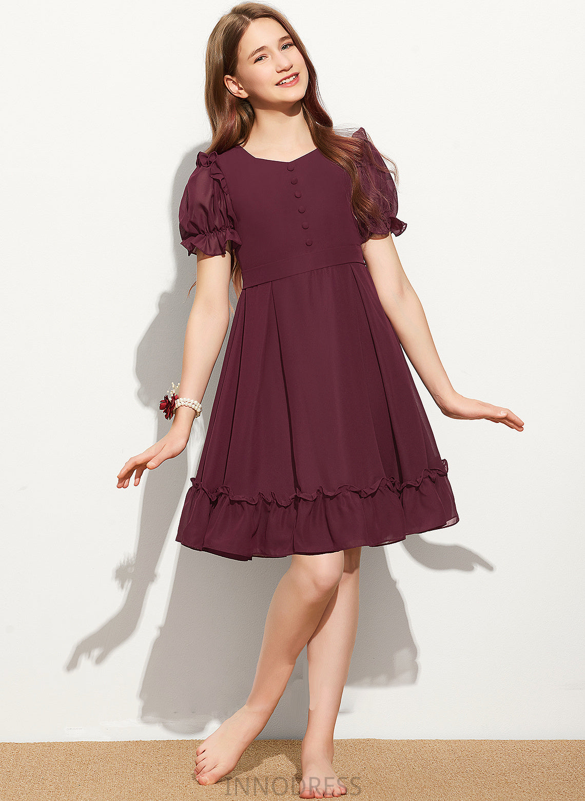 A-Line Chiffon Bow(s) Kaylynn Junior Bridesmaid Dresses With Cascading Scoop Knee-Length Neck Ruffles