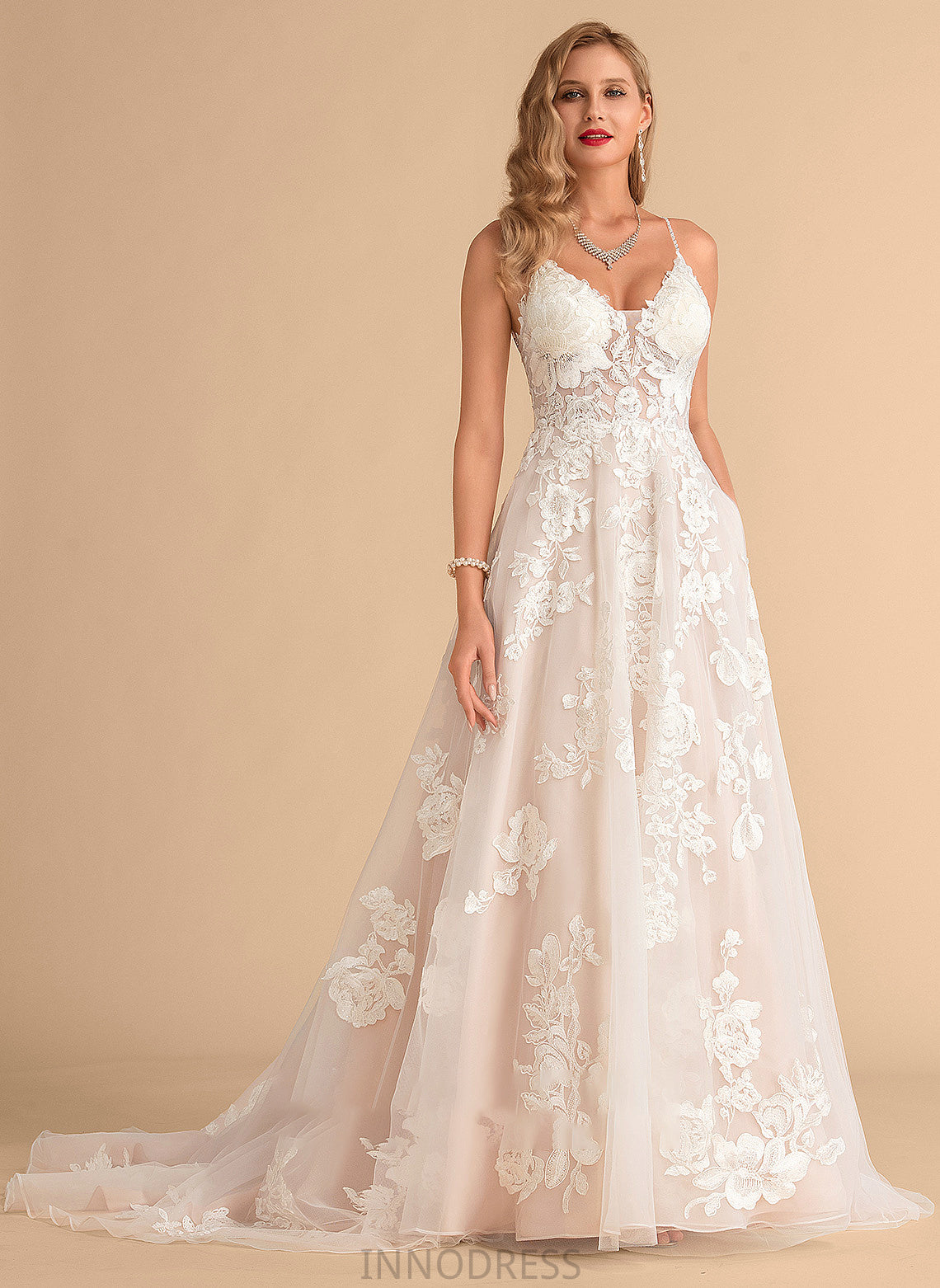 Wedding Train With Wedding Dresses Dress Beading Ball-Gown/Princess Court Heidi Tulle Lace Pockets V-neck