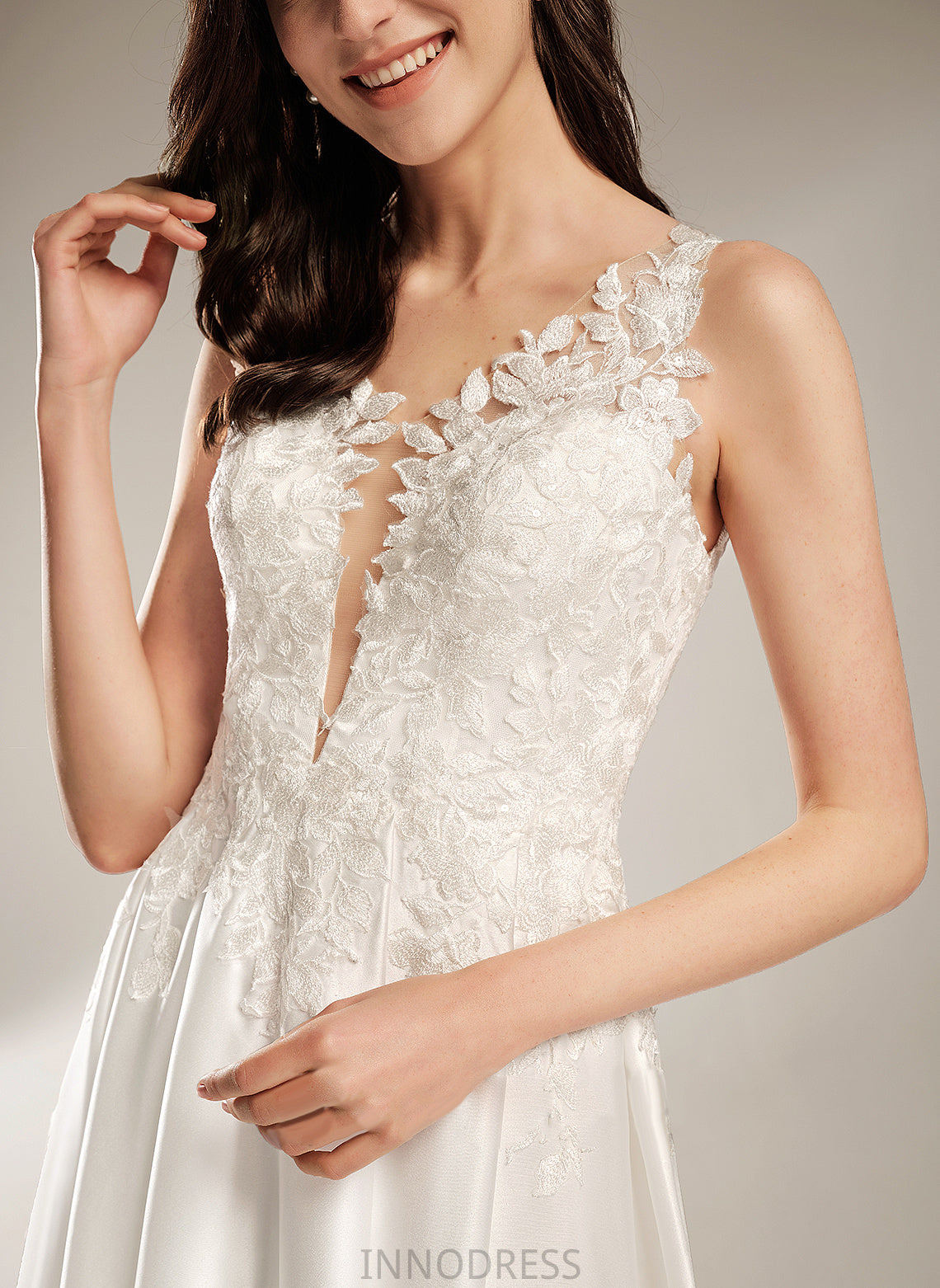 Tea-Length Wedding Dresses Lace Wedding A-Line With Dress Erika Satin Pockets V-neck