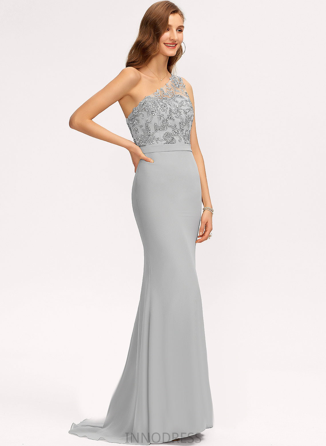 Neckline Sequins SweepTrain Trumpet/Mermaid Embellishment One-Shoulder Silhouette Length Fabric Kathryn Floor Length Sleeveless Bridesmaid Dresses