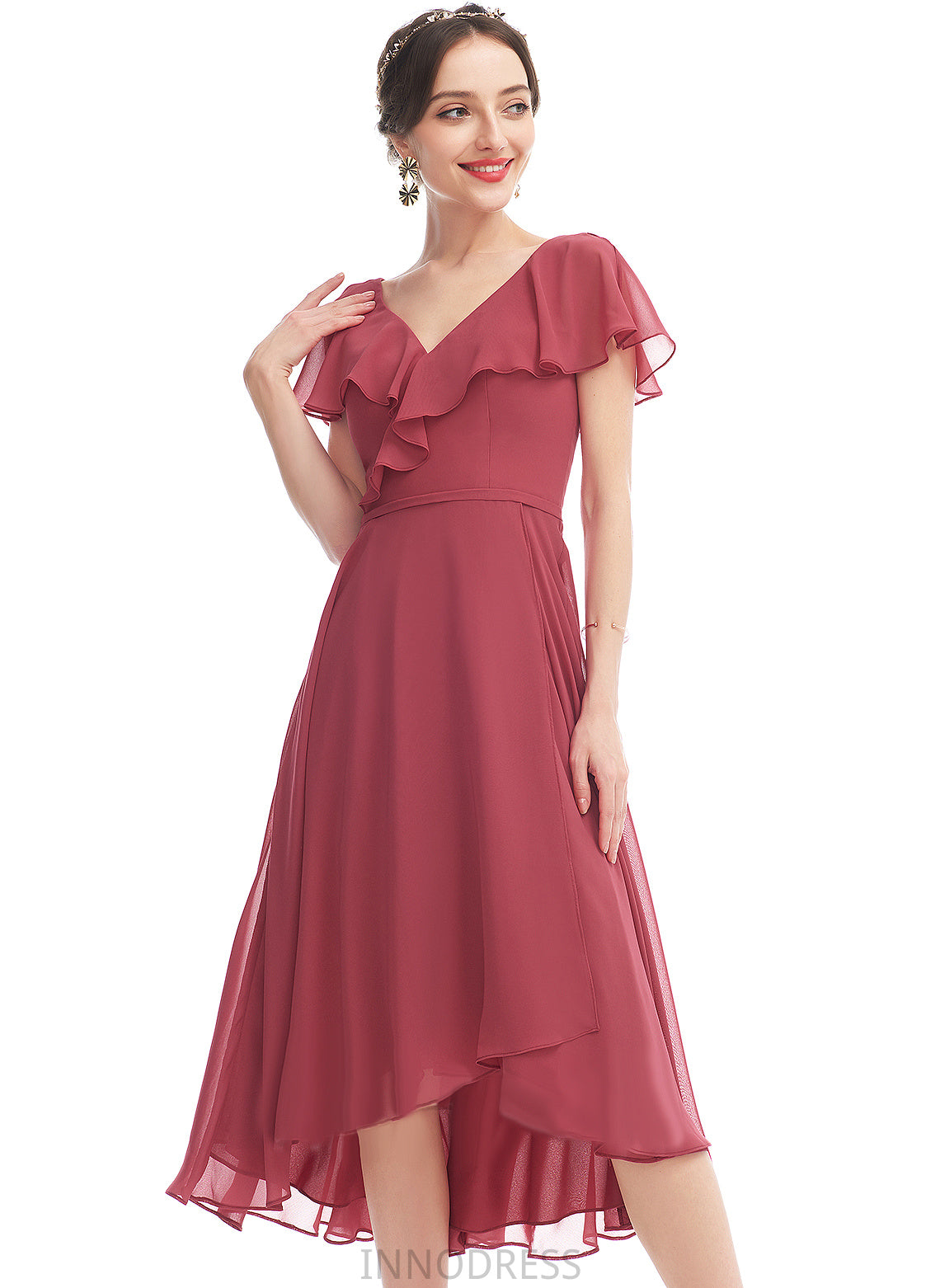 Length Neckline Asymmetrical Fabric A-Line Ruffle Silhouette V-neck Embellishment Anabella Sleeveless Floor Length Bridesmaid Dresses