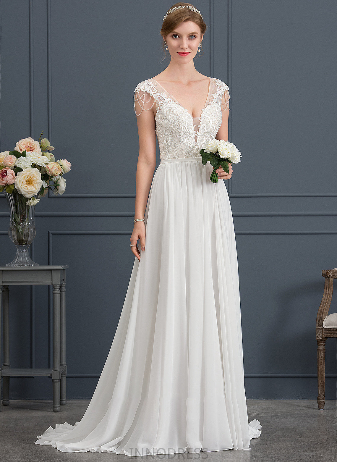 Sequins Wedding Dresses Beading V-neck Sweep Dress A-Line Chiffon With Jayla Wedding Train