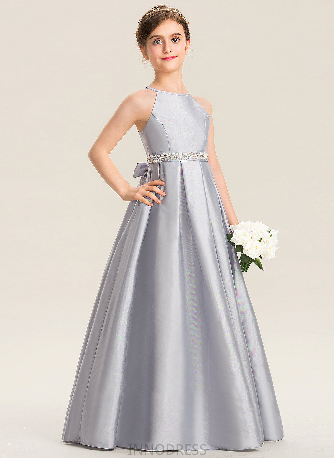 Bow(s) Scoop With Floor-Length Neck Beading A-Line Karley Junior Bridesmaid Dresses Taffeta