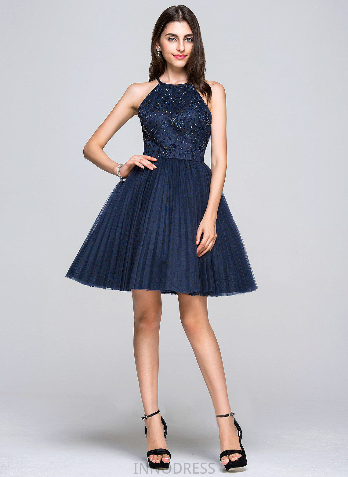 Beading Bow(s) Neck A-Line/Princess With Pleated Scoop Short/Mini Sequins Valerie Prom Dresses