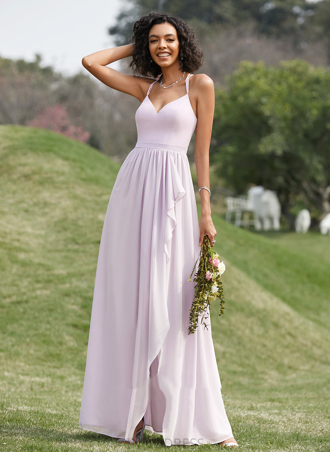 Embellishment Silhouette Fabric SplitFront Length Ruffle A-Line V-neck Neckline Asymmetrical Janae Sleeveless Bridesmaid Dresses