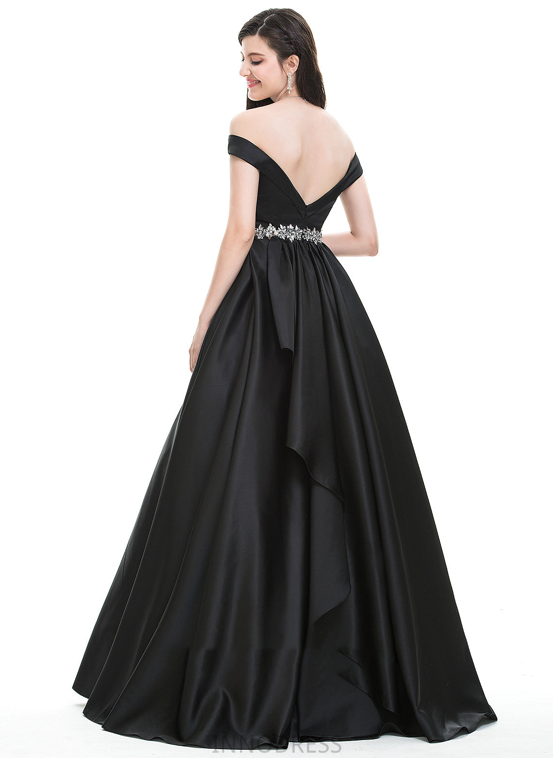 Beading With Angela Ball-Gown/Princess Prom Dresses Satin Floor-Length Off-the-Shoulder