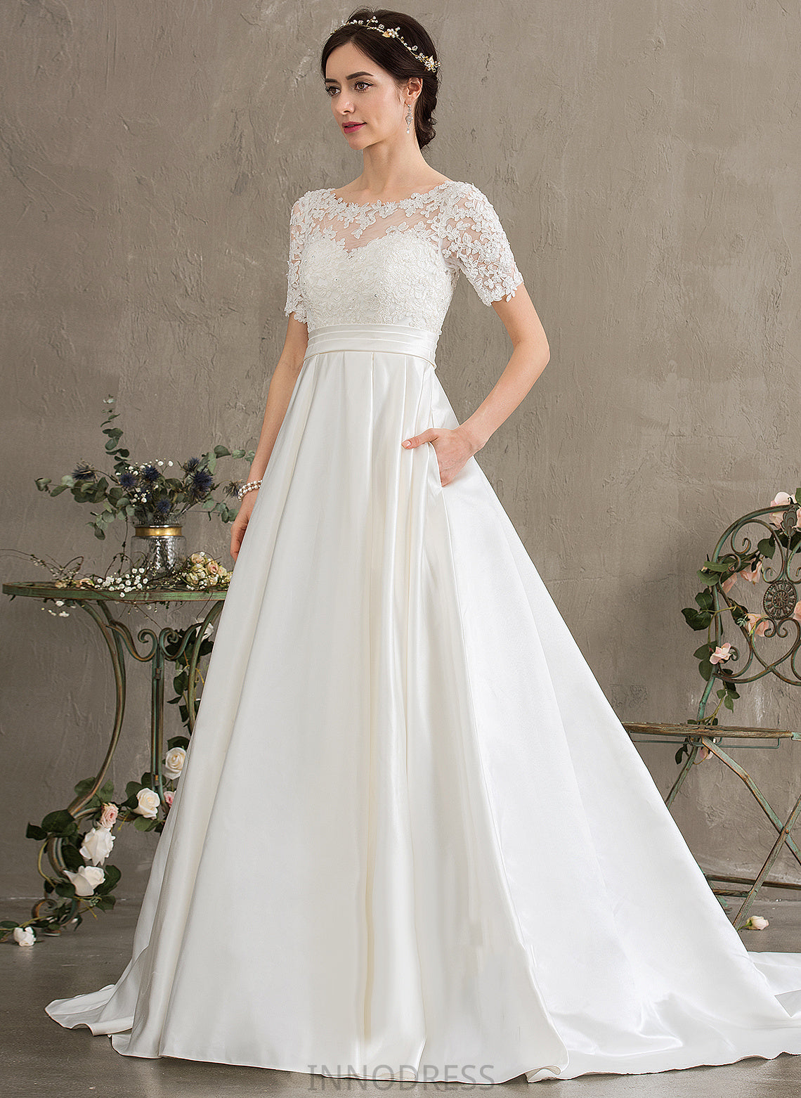 Satin Ball-Gown/Princess With Train Sequins Lace Dress Beading Pockets Cora Court Wedding Dresses Wedding