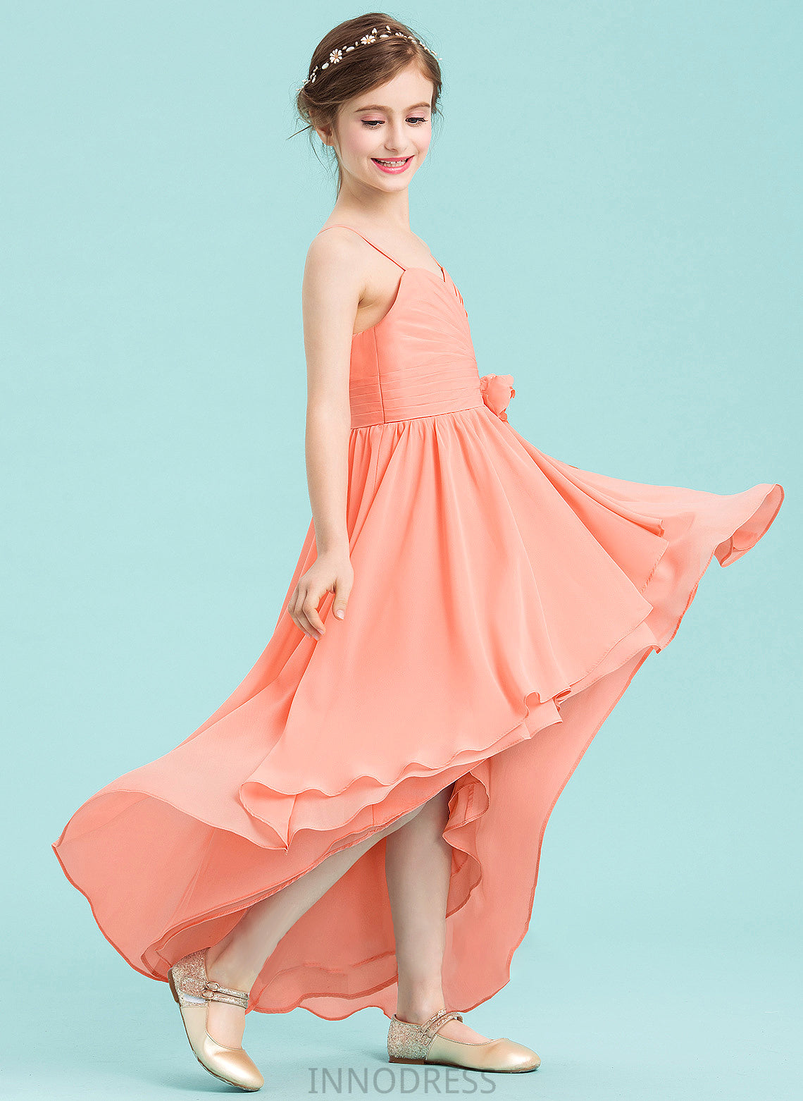 Junior Bridesmaid Dresses Ruffle With Asymmetrical Chiffon Sweetheart Diamond A-Line Flower(s)