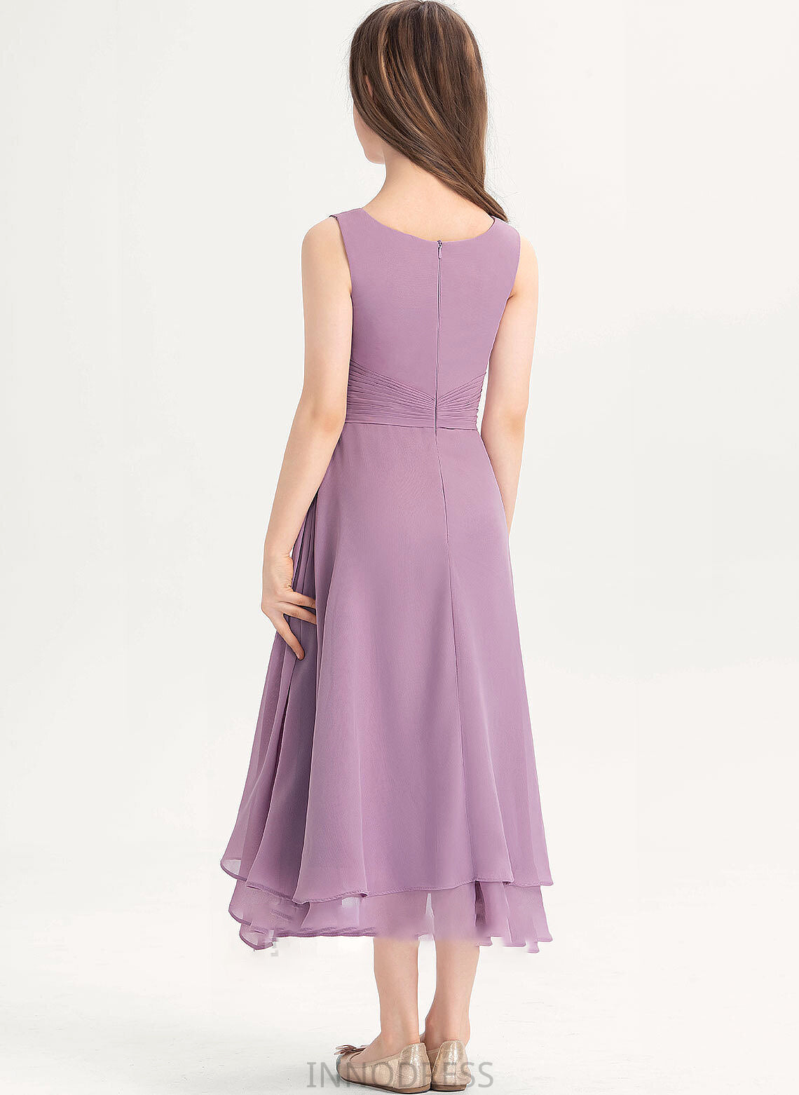 Junior Bridesmaid Dresses Sarah Scoop Neck A-Line Chiffon Tea-Length Ruffle With