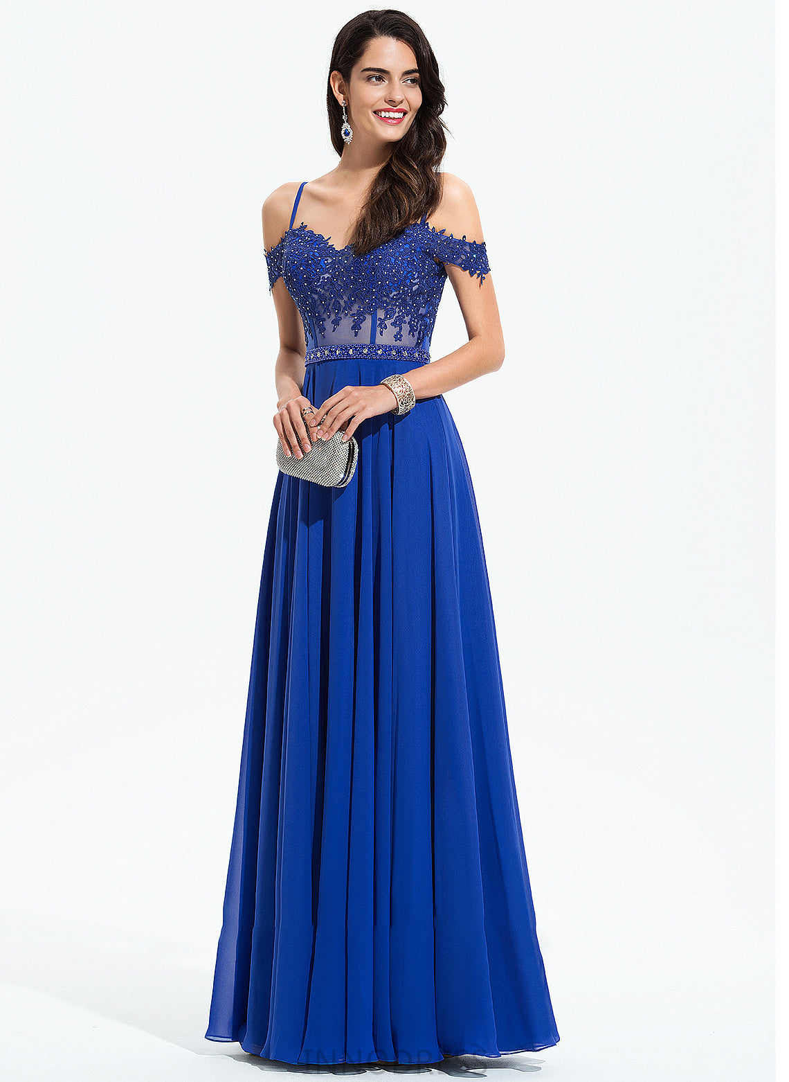 Beading Dylan Off-the-Shoulder Floor-Length With A-Line Sequins Chiffon Prom Dresses Sweetheart