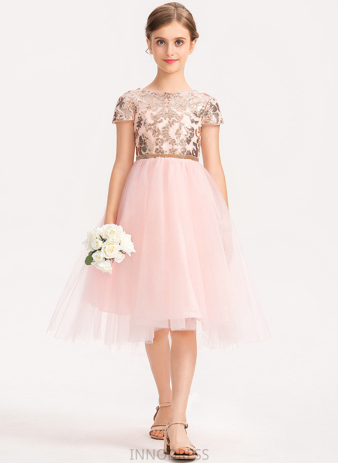 With A-Line Emma Junior Bridesmaid Dresses Neck Tulle Scoop Sequins Asymmetrical