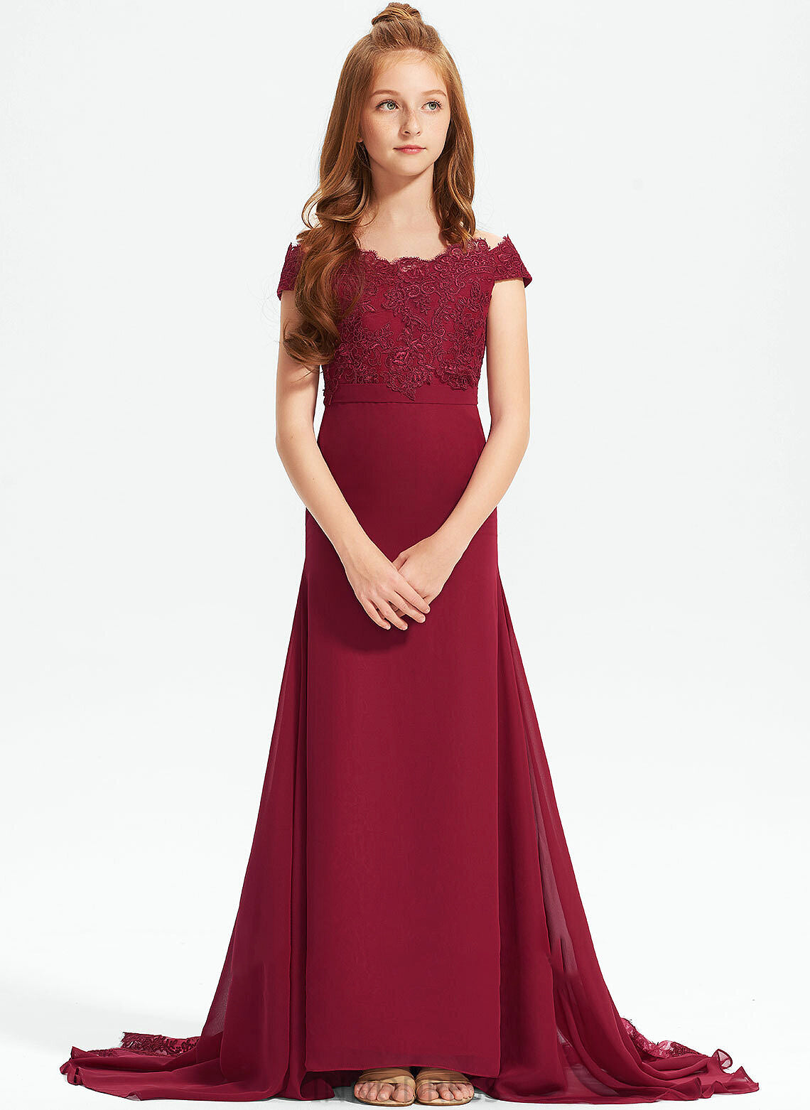 Train Junior Bridesmaid Dresses Trumpet/Mermaid Chiffon Off-the-Shoulder Court Lace Diana